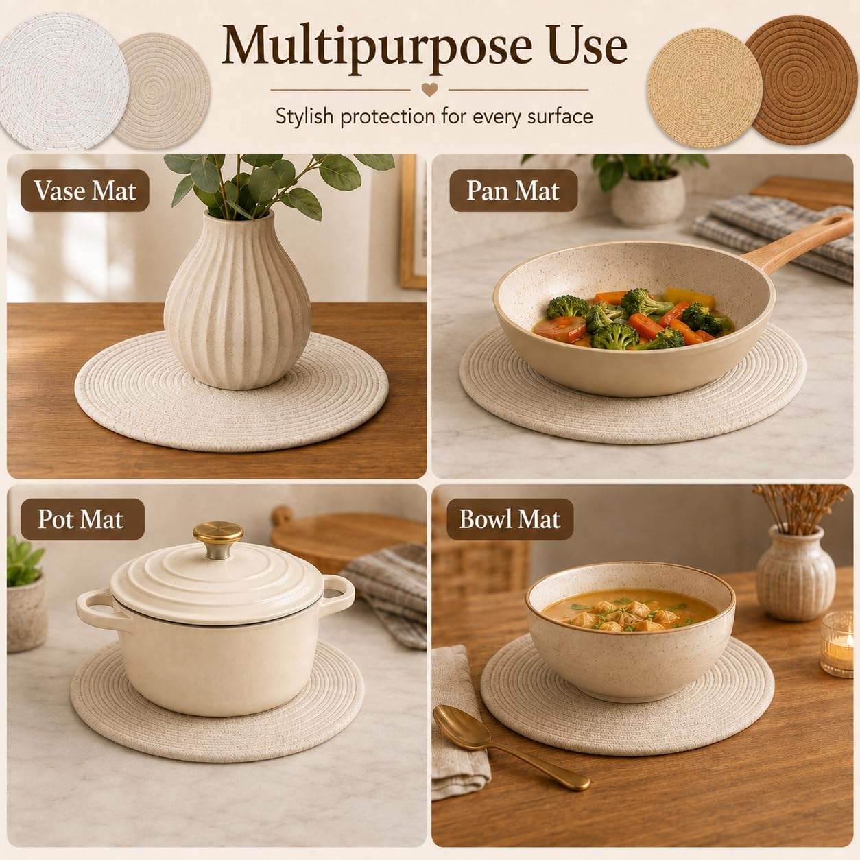 7" Trivets for Pots and Pans, 5 Pack Hot Pads for Kitchen Counter, Heat Resistant Pot Holders, Plate Mat for Countertop Table, Home Kitchen Essentials Decor (7'' - Khaki - 5pcs) image 5
