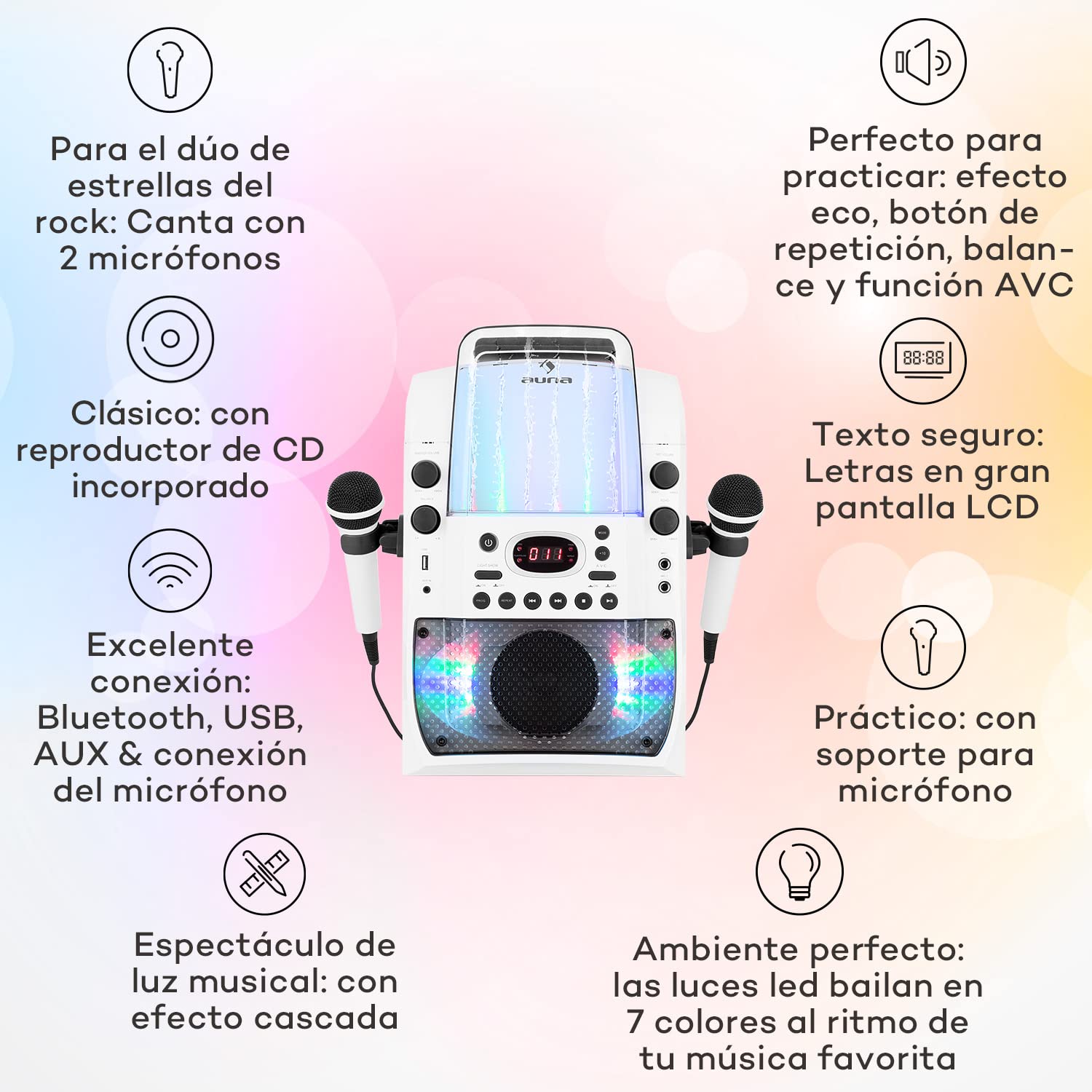 Auna KTV Karaoke con CD y 2 Microfonos Karaoke Portatil para Adultos y Niños, Display de Luces LED, RCA Video, AUX y con Entrada Puerto USB, Microfono Karaoke Infantil, Aparato con Sistema Audio