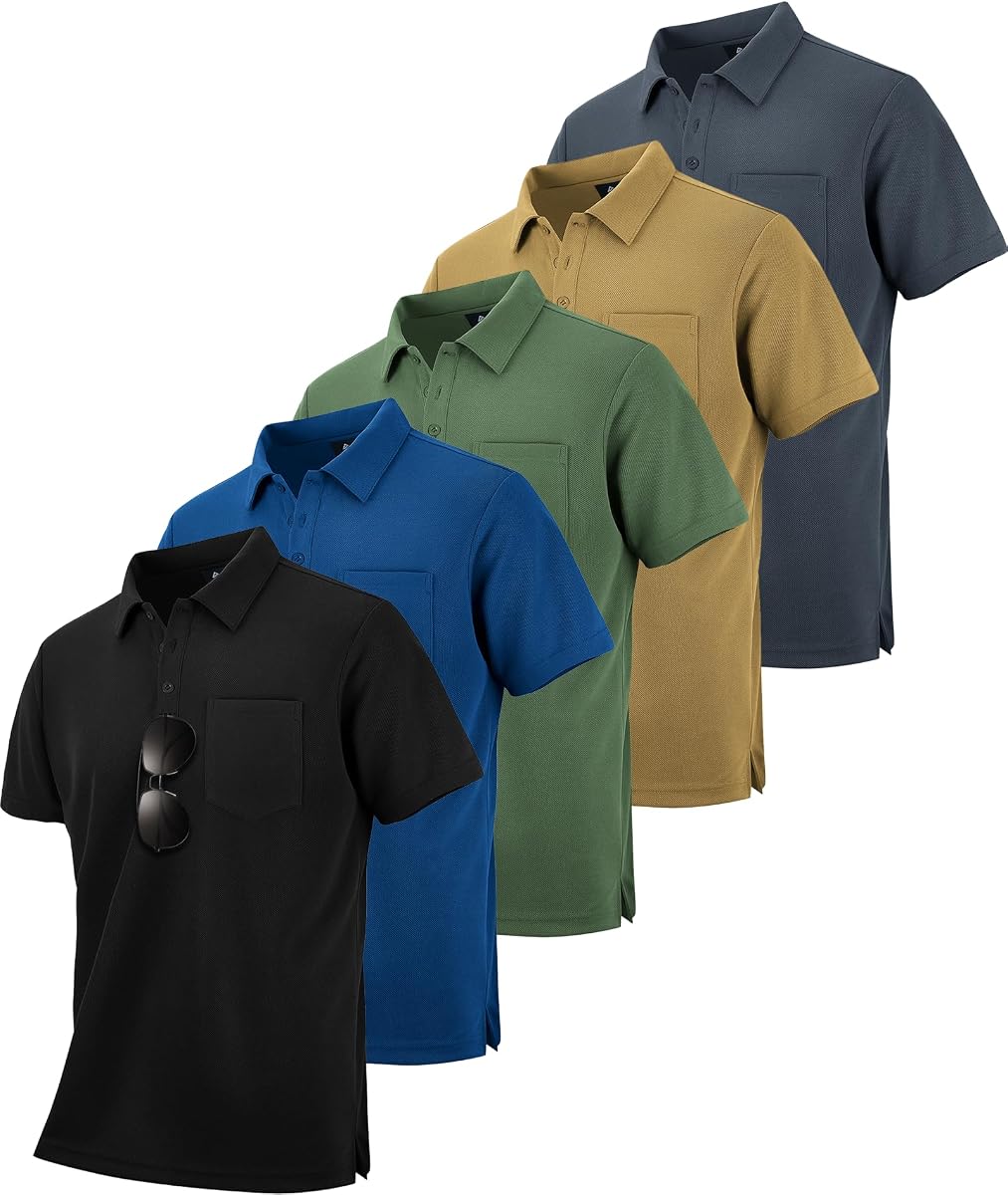 5 Pack Mens Pocket Polo Shirts Short Sleeve Golf Casual Work T-Shirt | Athletic, Workout, Tennis, Outdoor Activities, Office, Business, Moisture Wicking, Quick Drying, Breathable, Machine Washable