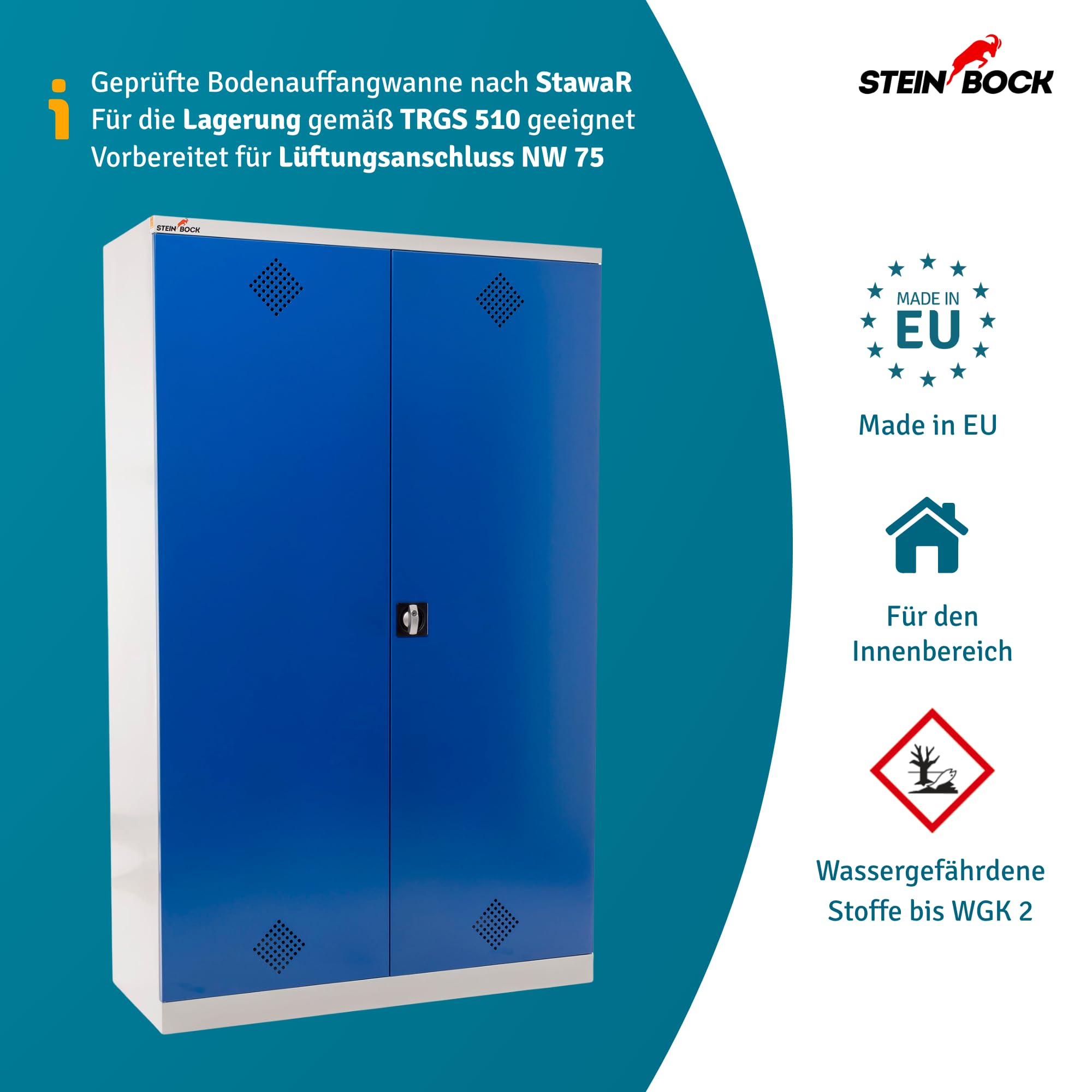 Steinbock Gefahrstoffschrank aus Stahlblech für wassergefährdene Stoffe bis WGK 2 | HxBxT 195 x 120 x 50 cm | Bodenwanne nach StawaR | vollmontiert | Chemikalien- und Giftschrank mit Zylinderschloss