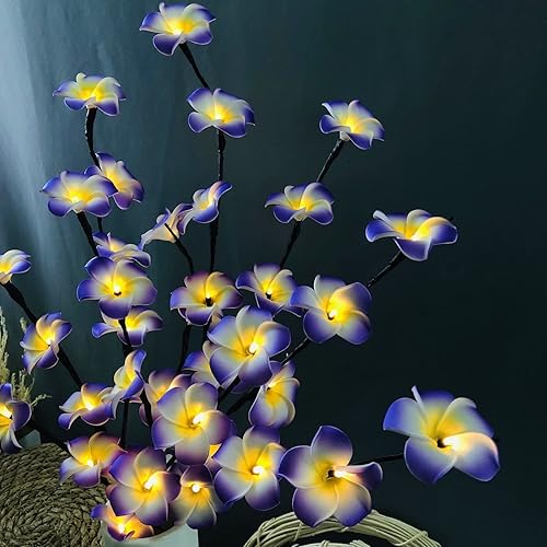 Miniatura 6 de Paquete de 2 ramas de flores artificiales de plumeria, ramo de berenjenas ligeras falsas de Frangipani para decoración romántica del hogar (morado)