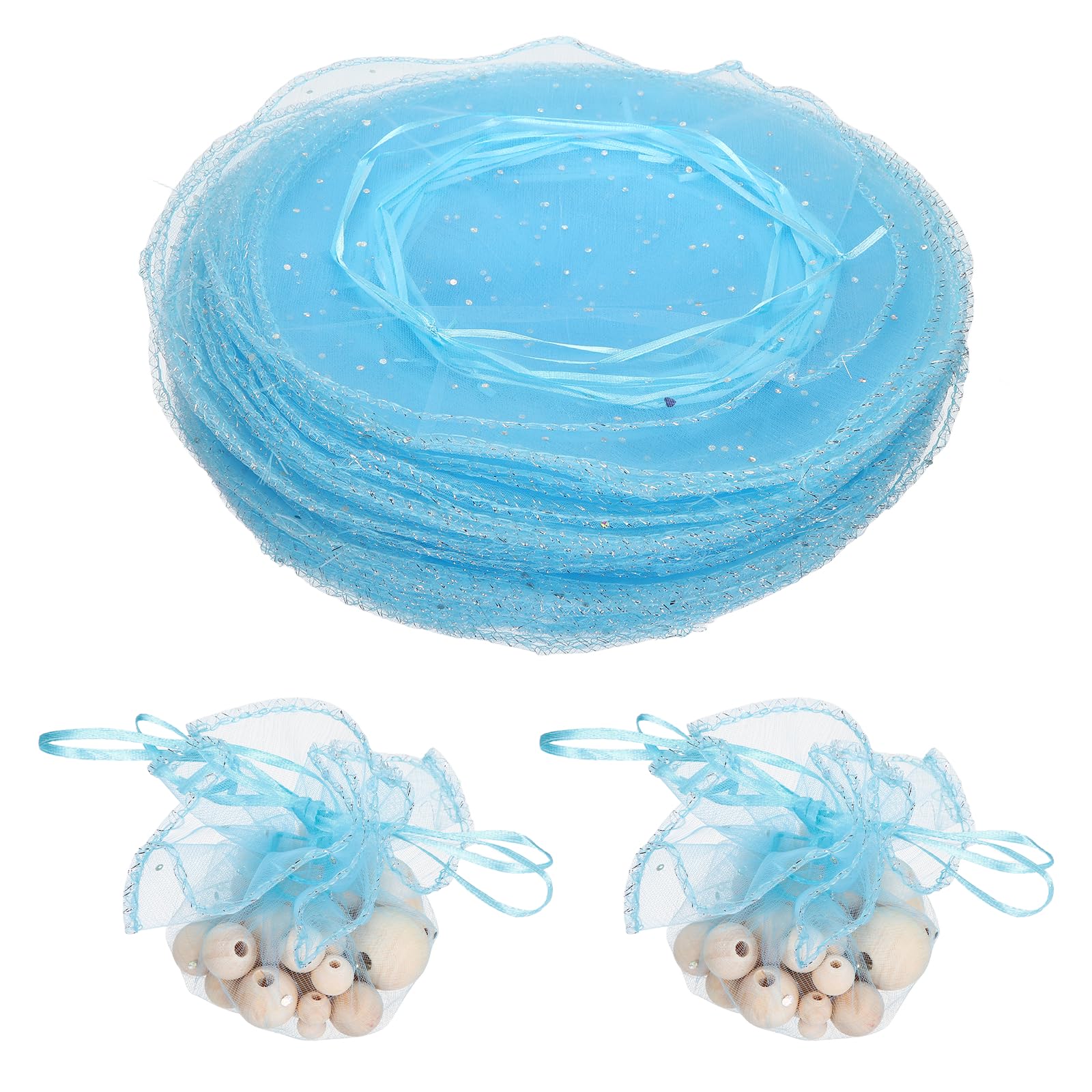 PATIKIL Round Organza Bags, (26cm, Sky Blue) (100Pcs), Organza Tulle Circles Sheer Organza Jewelry Candy Pouch with Sequins and Ribbon, Suit for - Wedding/Party/Favor/Gift/Candy/Jewelry