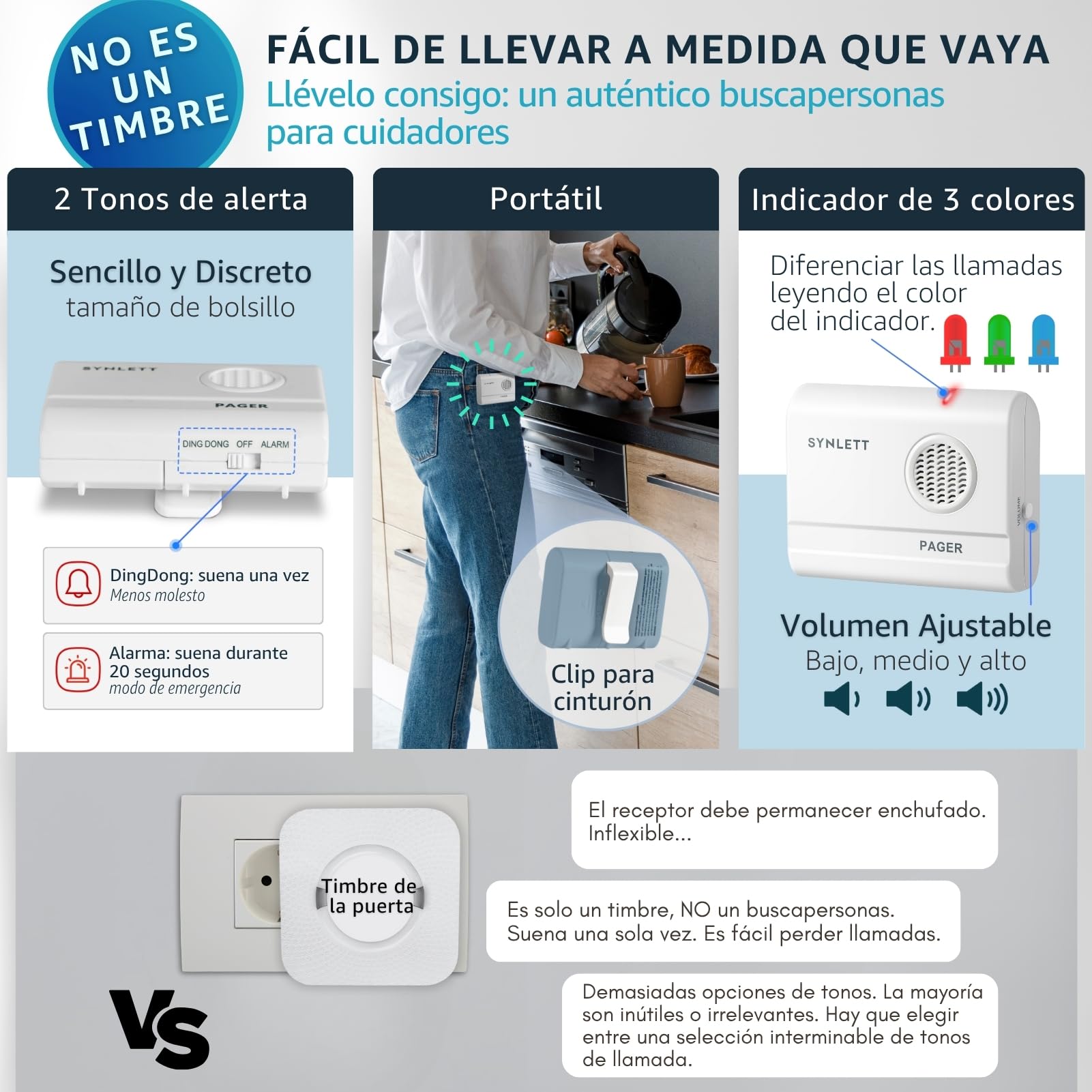 2 Buscapersonas Cuidador con 3 Botones de Llamada inalámbricos | Sistema inalámbrico para personas mayores, pacientes y cuidadores con varios puntos de llamada