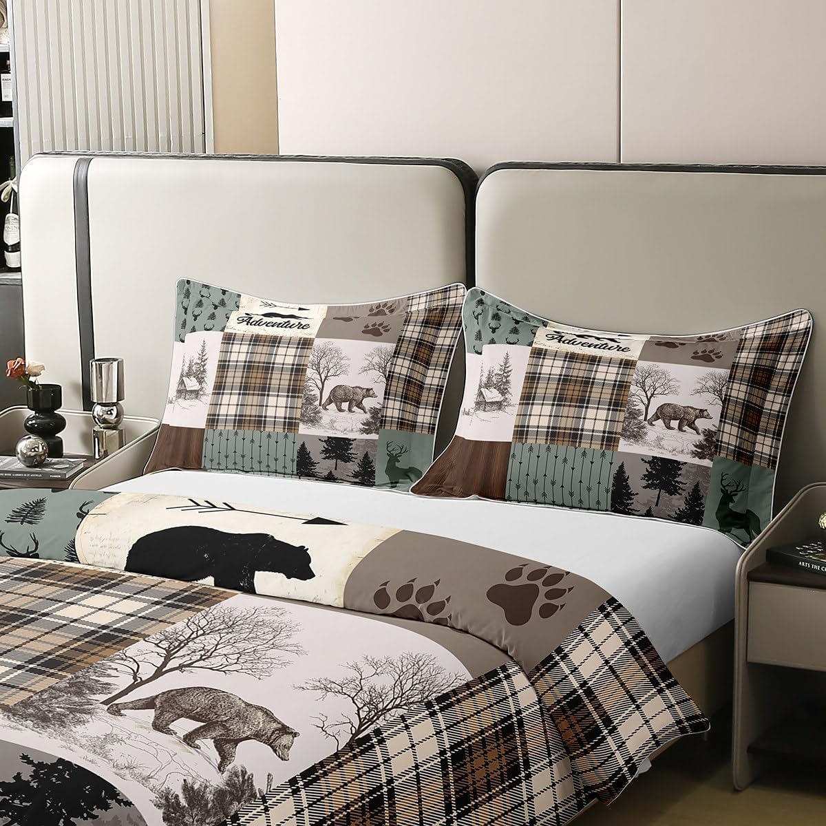 Lodge Cabin 100% Cotton Duvet Cover King Size Cartoon Bear Deer Wild Animal Bedding Set for Kids Teens Adults Retro Green Brown Plaid Rustic Farmhouse Comforter Cover with 2 Pillowcases(No Comforter) - Image 4