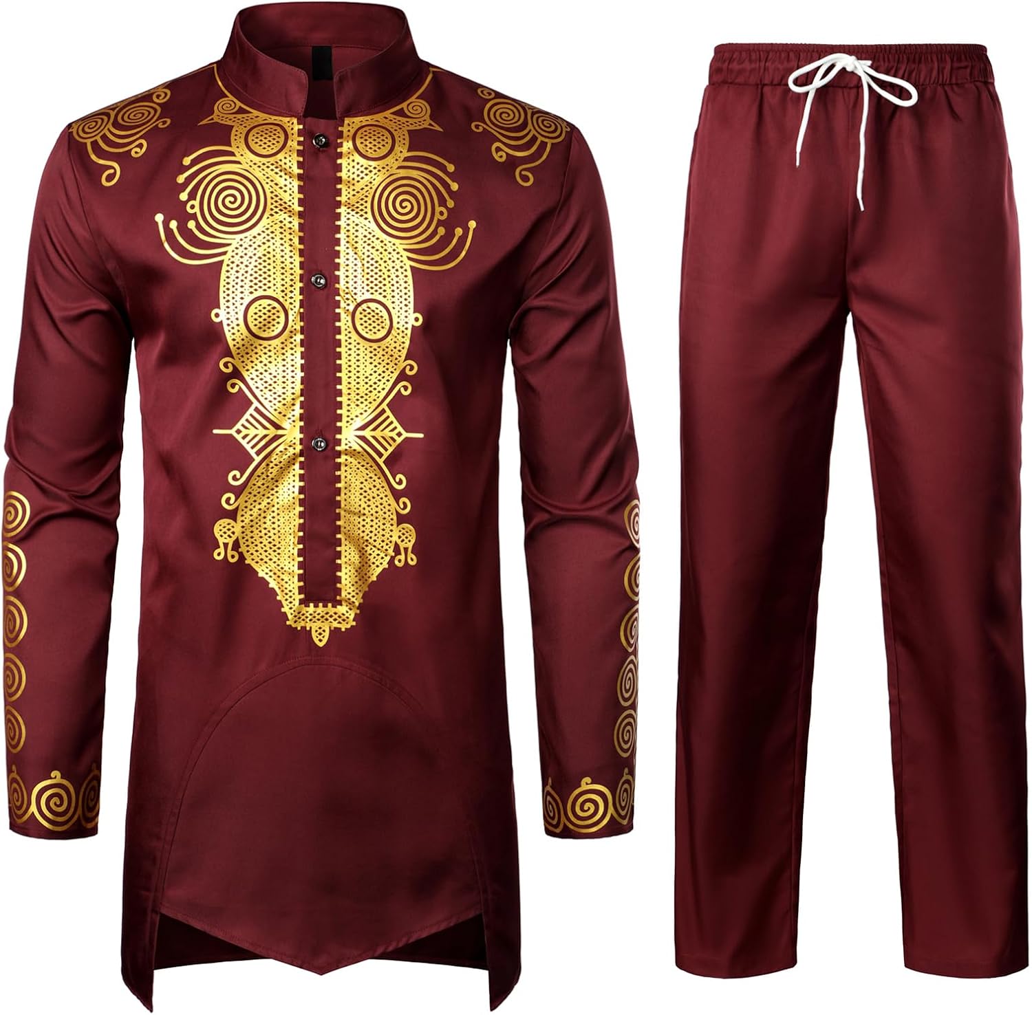 ZEROYAA Men's Africa Suit Long Sleeve Bronzing Print Shirt and Pants Outfit Traditional 2 Piece Set