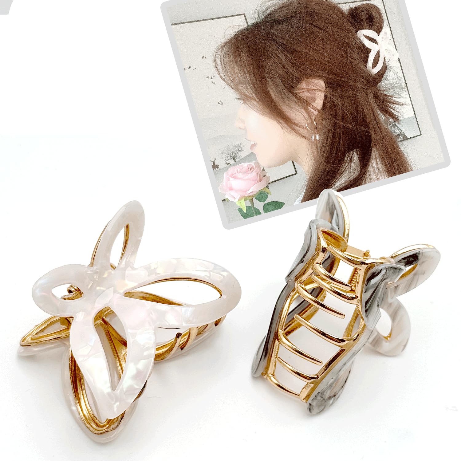 Metal Butterfly Hair Clips for Women -White & Grey Marble Pattern Fashion Decorative Hair Clips, Cute Hair Accessories for Girls, 2 Pack