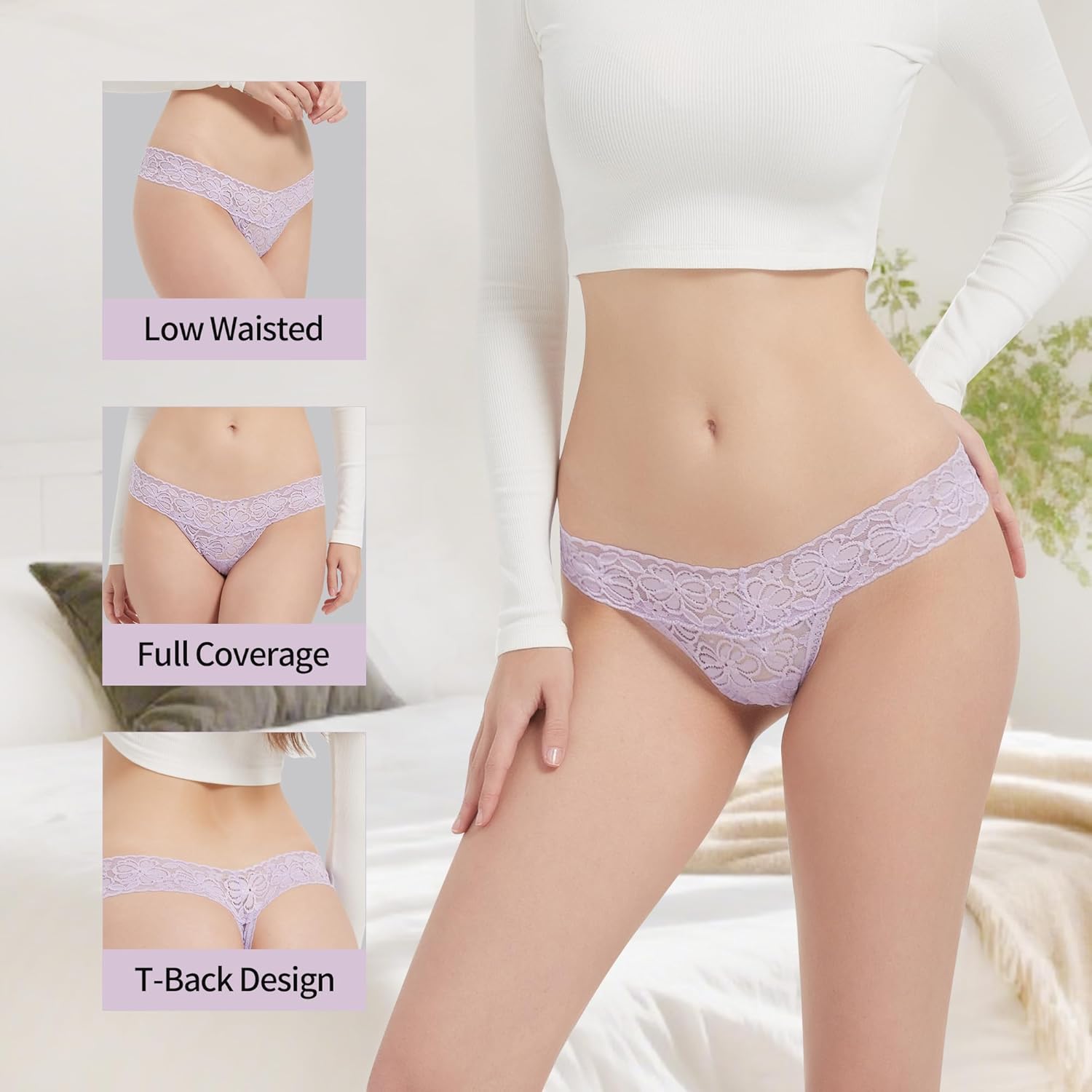 Lace Thongs for Women Sexy Thong Panties Mid Waist Underwear 5 Pack-10Pack-Size XS-4XL - Image 2