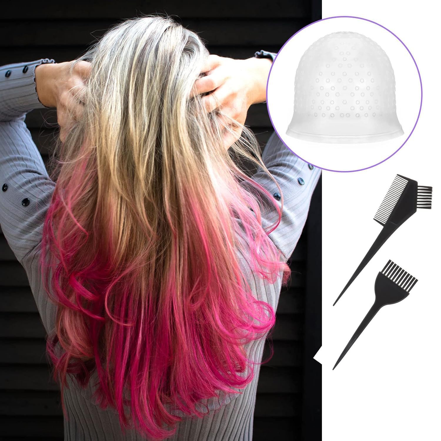 NYAMAH SALES Silicone Highlight Hair Cap with Needle Professional Reusable Highlighting Poked Hole Cap with 2 in 1 Brush, Hair Colour brush and Hair Dye Curved Dish   - Multi Color. - Image 4 thumbnail