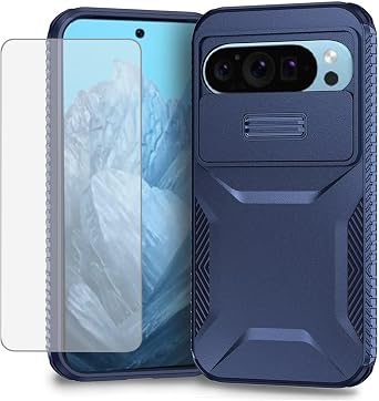 Case for Pixel 9 Case, Pixel 9 Pro/Google 9 Case with Tempered Glass Screen Protector and Slide Camera Cover, Non-Slip Heavy Duty Shockproof Phone Cover for Google Pixel 9 Blue