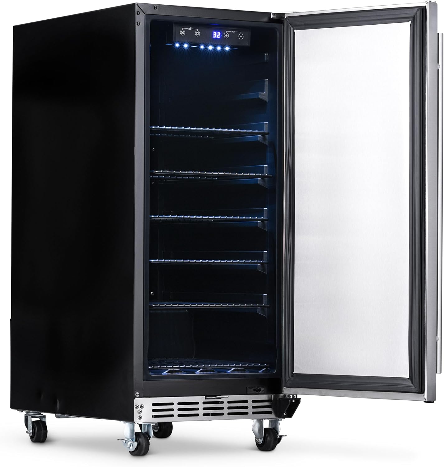 Interior of the refrigerator with all shelves removed, showing the empty space and shelf supports.