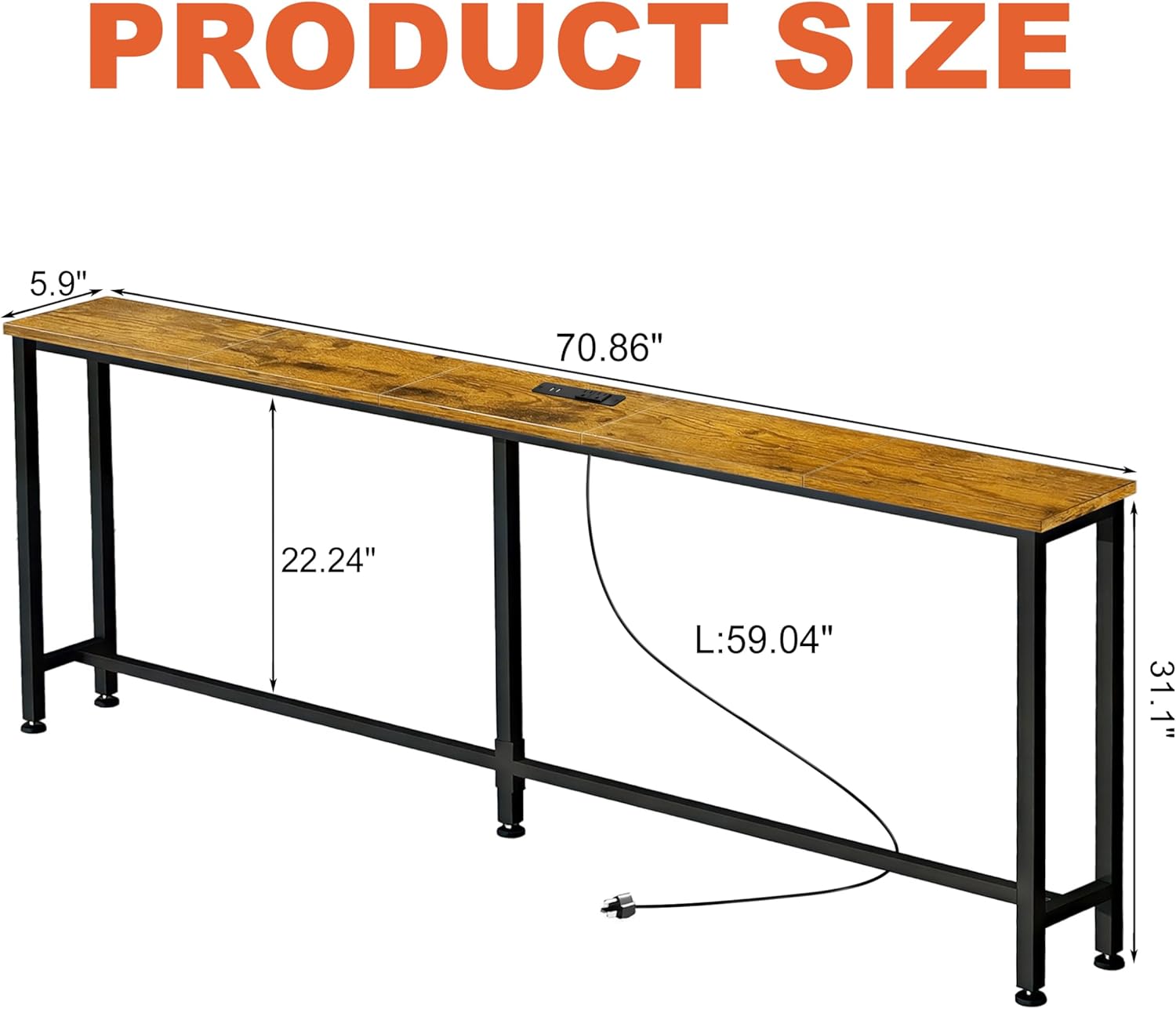 70" Narrow Sofa Table with Outlet (2 AC Outlets & 2 USB Ports), Behind Couch Table with Charging Station, Long Skinny Console Table for Living Room, Entryway and Hallway (Rustic Brown)