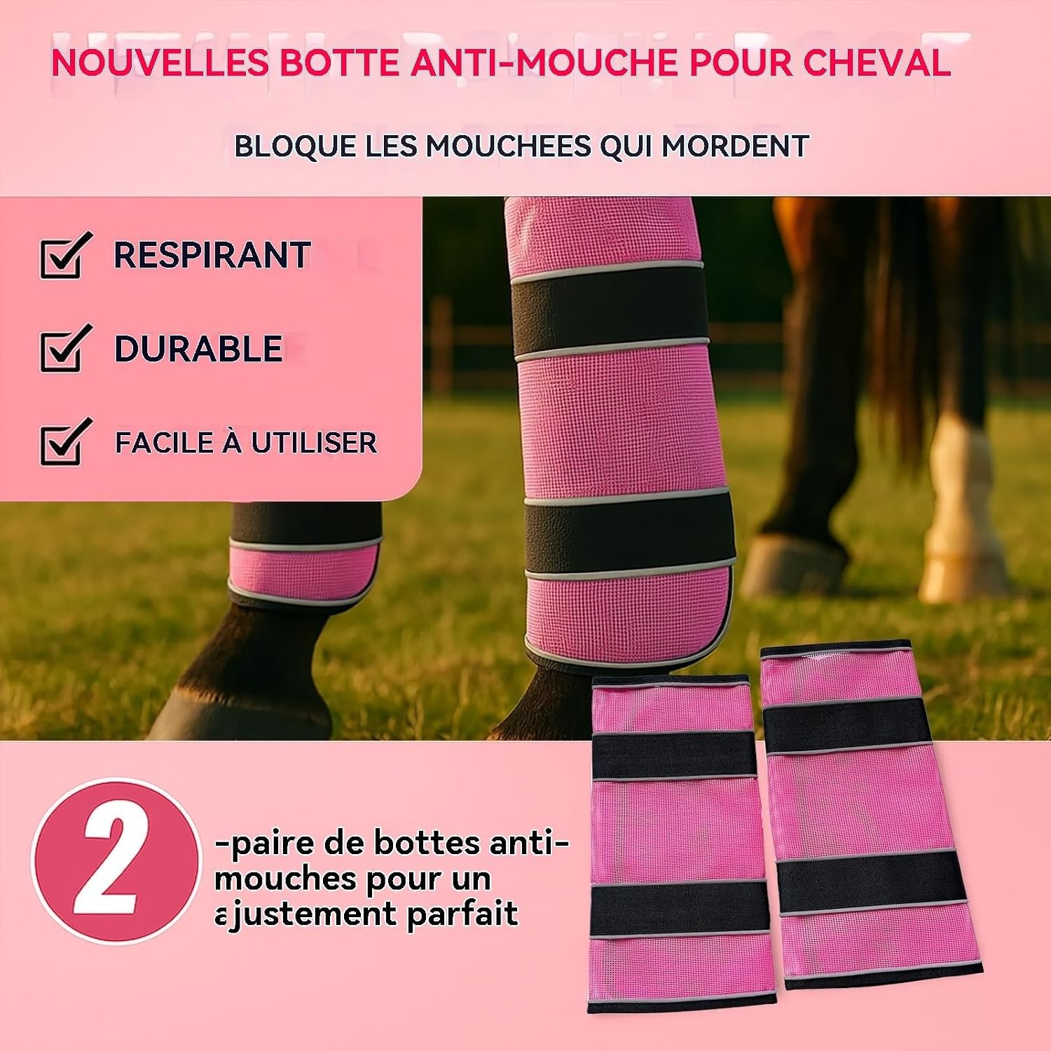2-Pack Fly Boots for Horses (Horse Fly Leggings) | Breathable Mesh, No-Rub Loose-Fit with Reflective Strips, to Prevent Painful Fly Bites