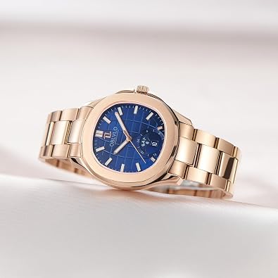 OBLVLO Luxury Watch, Rose Gold Stainless Steel Band, Blue Dial, Day-Date Display