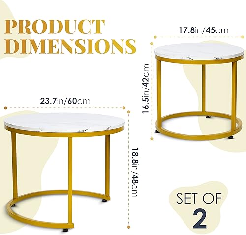 Miniatura 2 de Houseables Mesa auxiliar redonda anidable, mesas auxiliares para sala de estar, mostrador de extremo pequeño, juego de 2, 24 x 19 pulgadas, mármol