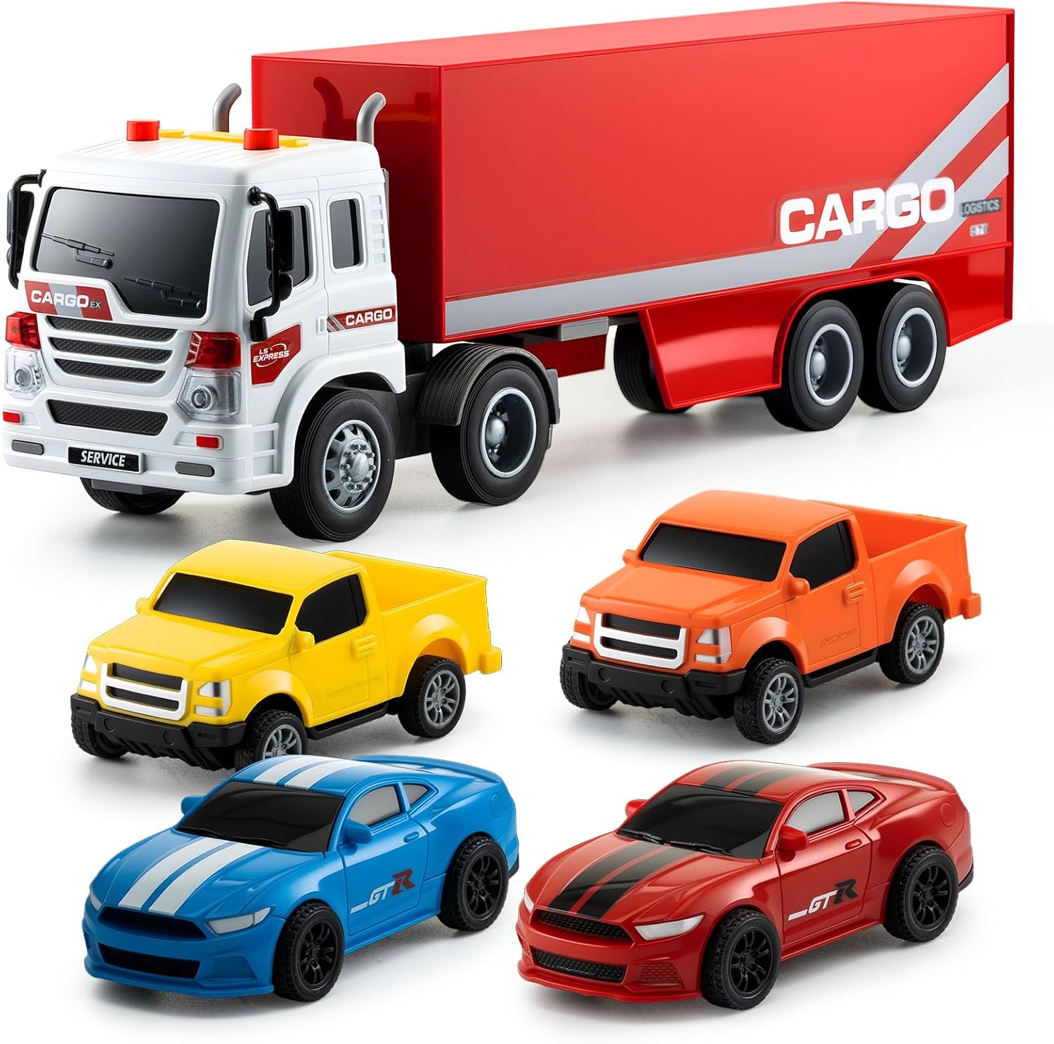 Toy Car Carrier Semi Truck with 4 Cars, Container Transport Truck Toy with Light & Sound, Friction Powered Push and Go Cargo Truck with Opening Trailer Ramp, Vehicle Playset for Kids Age 3+