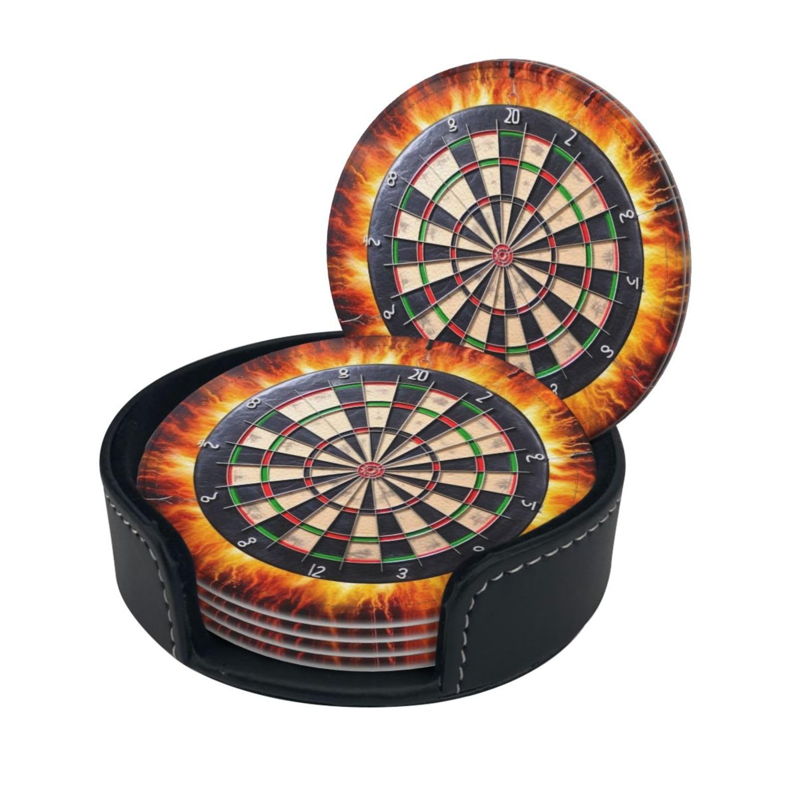 Stylish Coasters - Dart Board Set of 6 Round Leather Drink Coasters with Holder - Perfect Size for Cups and Glasses