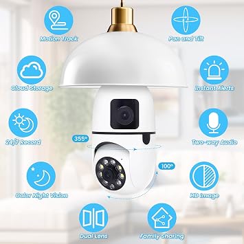Security Camera, Outdoor Wireless Camera 2.4G Hz Camera for Home Security, 355 Degree Panoramic, Motion Detection and Alarm, 24/7 Recording (Dual Lens Light Bulb)