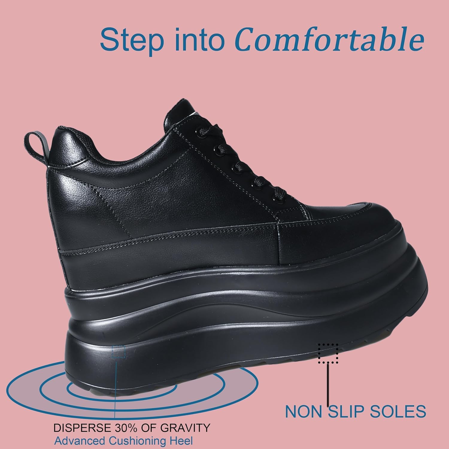 JYSGYLT 5 inch Black White Platform Sneakers for Women- 8cm Chunky Sole 5cm Hidden Wedge Heel-Leather Chunky Platform Shoes for Female Footwear - Image 5