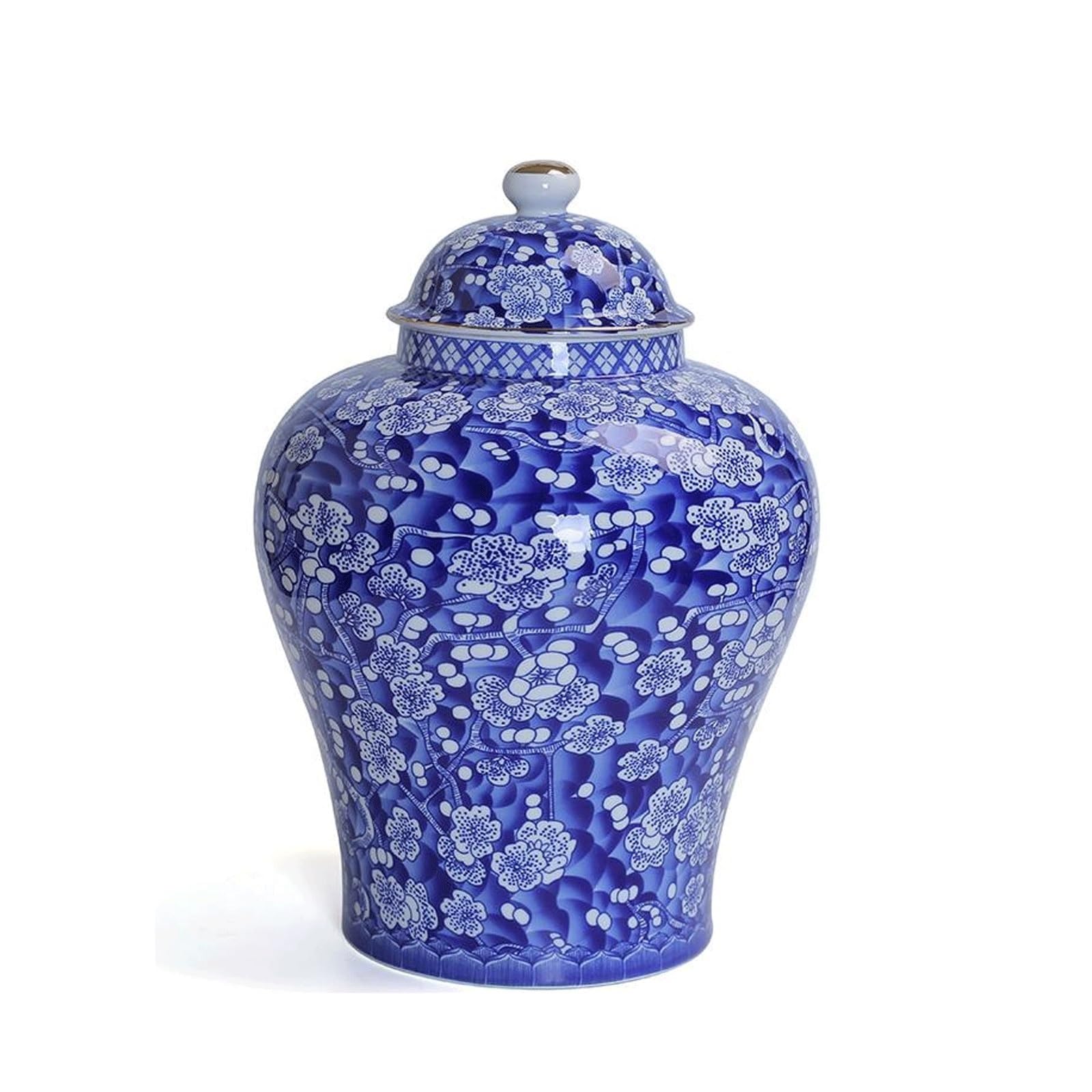 Blue & White Ginger Jar with Lid Ceramic Flower Vase Tea Storage Oriental Decorative Jar Chinoiserie Chinoiserie Vase Porcelain Temple Jar