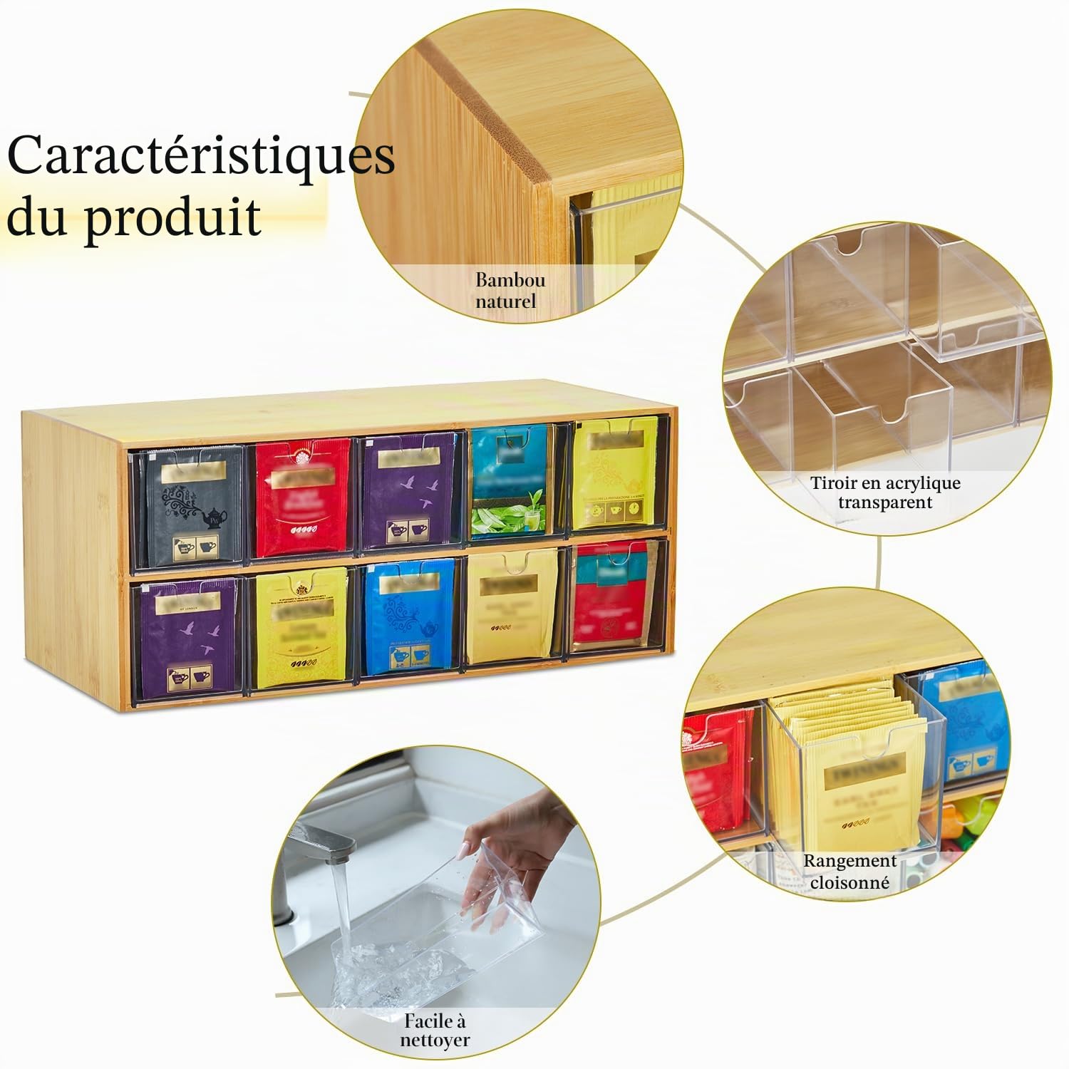 Organisateur de sachets de thé en bambou et bois, rangement de sachets de thé, 2 niveaux, boîte à thé verticale, pour organisateur de placard, porte-thé, organisateur de sachets de thé, plan de