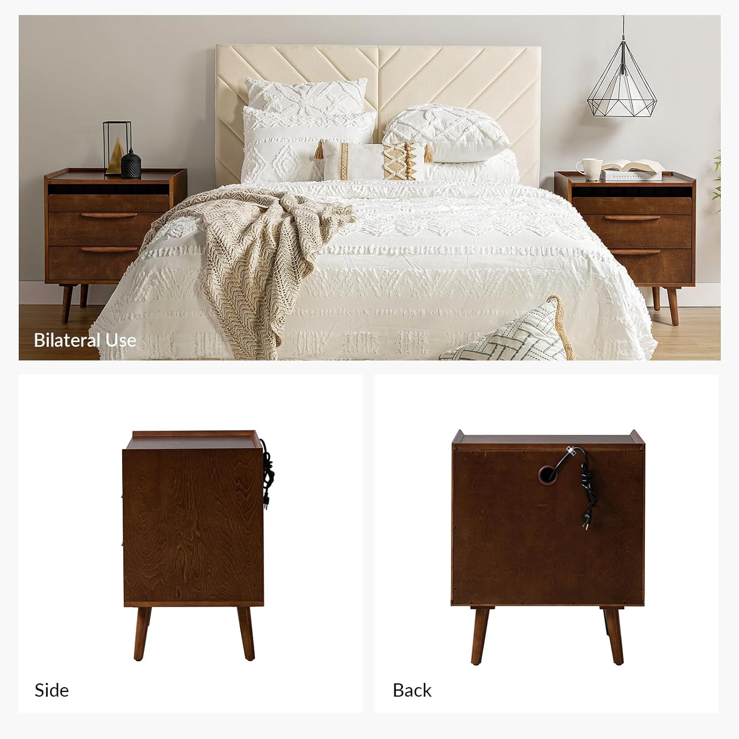 HULALA HOME 2 Drawer Nightstand with Charging Station, Mid-Century Modern Bedside Tables with Wood Legs, Wood Night Stand with Pull-Out Shelf Set of 2, Walnut