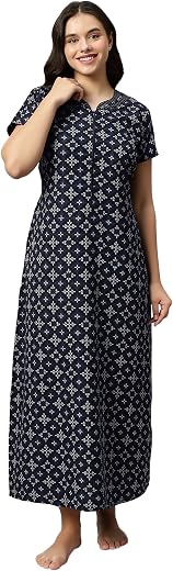 SUKANYA NIGHTWEAR Women's Geometrical Lounge Wear Gown - Blue, Poly Cotton, Regular Fit, Half Sleeves, Round Neck