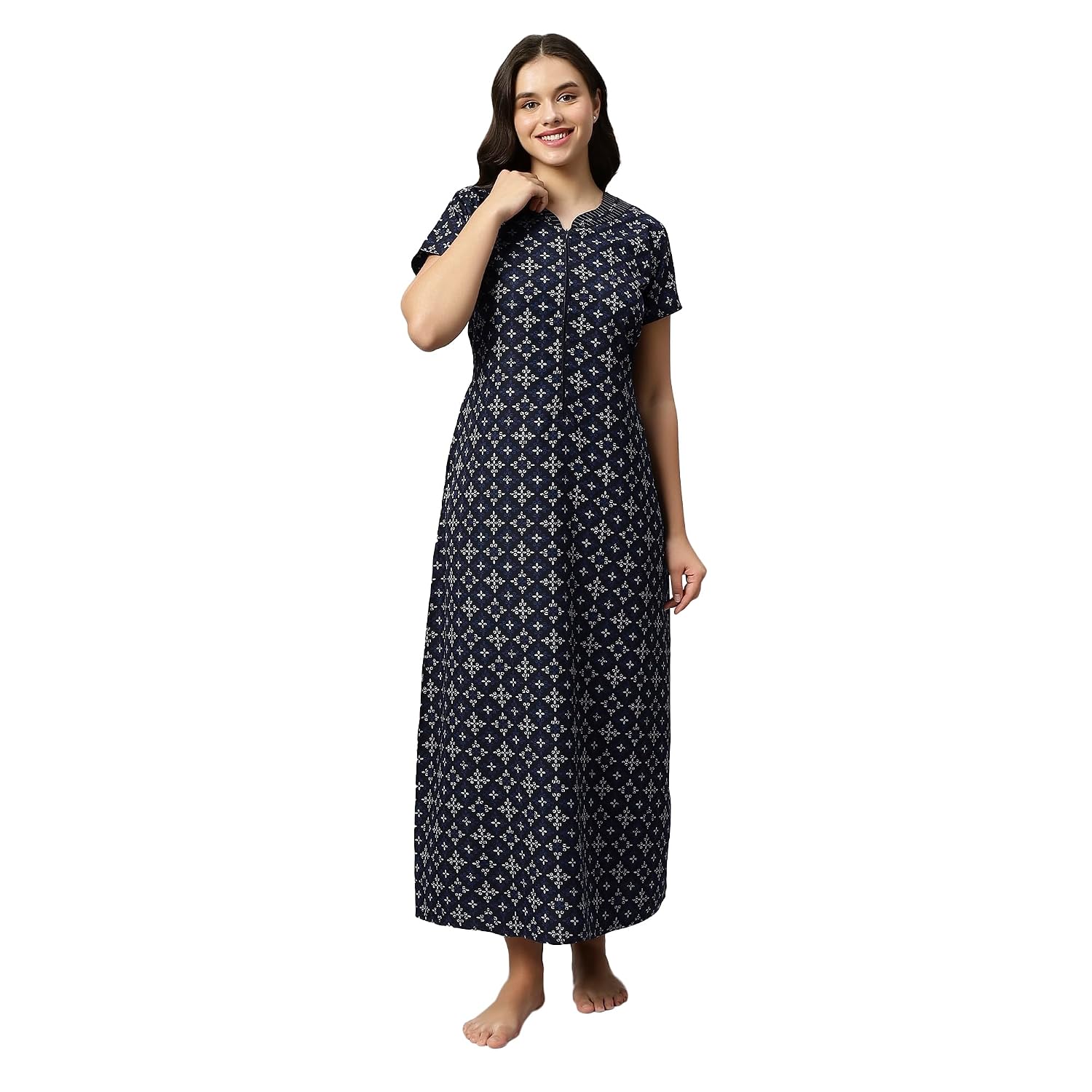SUKANYA NIGHTWEAR Women's Geometrical Lounge Wear Gown - Blue, Poly Cotton, Regular Fit, Half Sleeves, Round Neck - Review, Price and Buying Guide