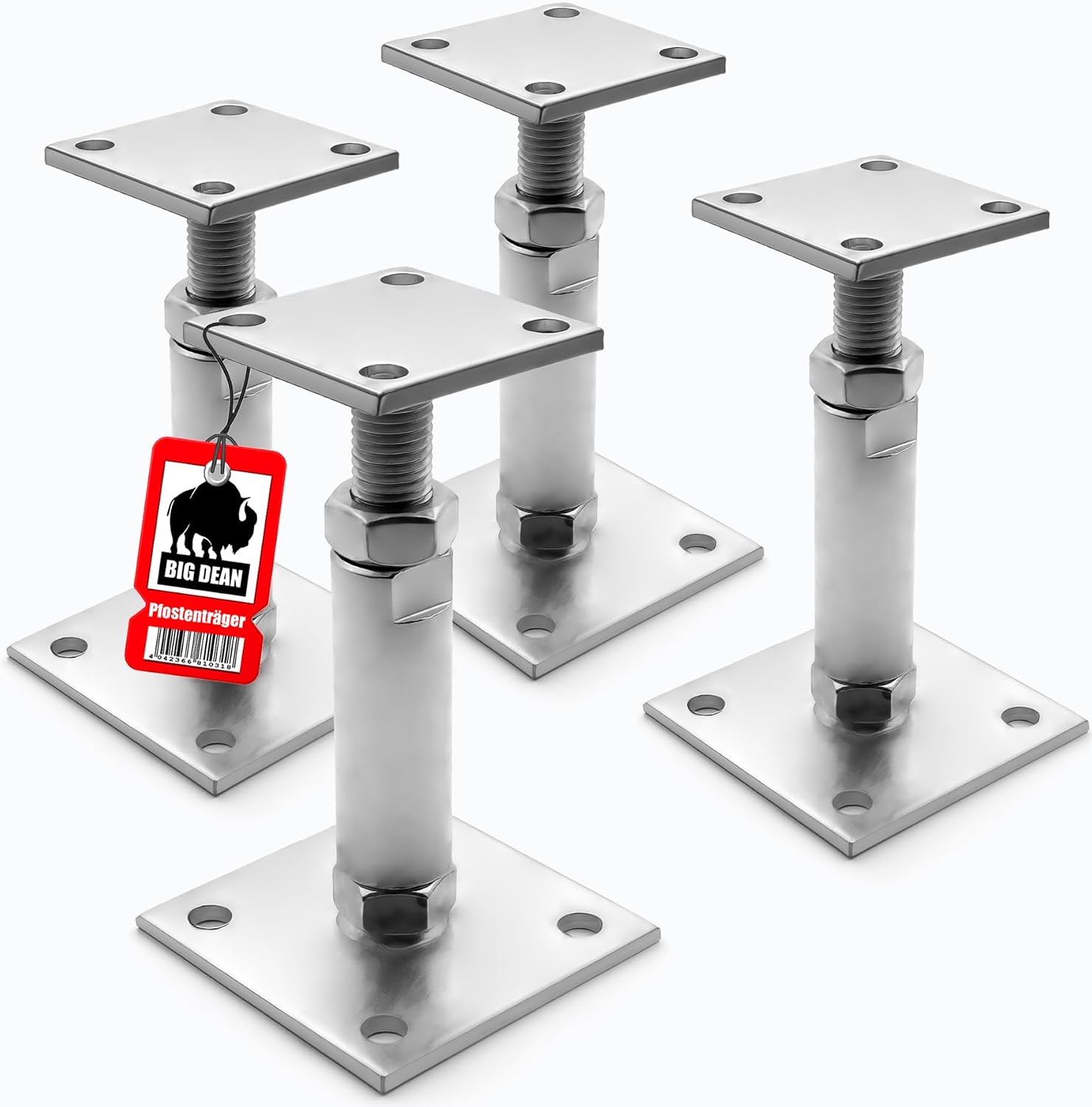 BigDean Pack of 4 Post Brackets Height Adjustable Height 150   190 mm   Galvanised & Screw-On