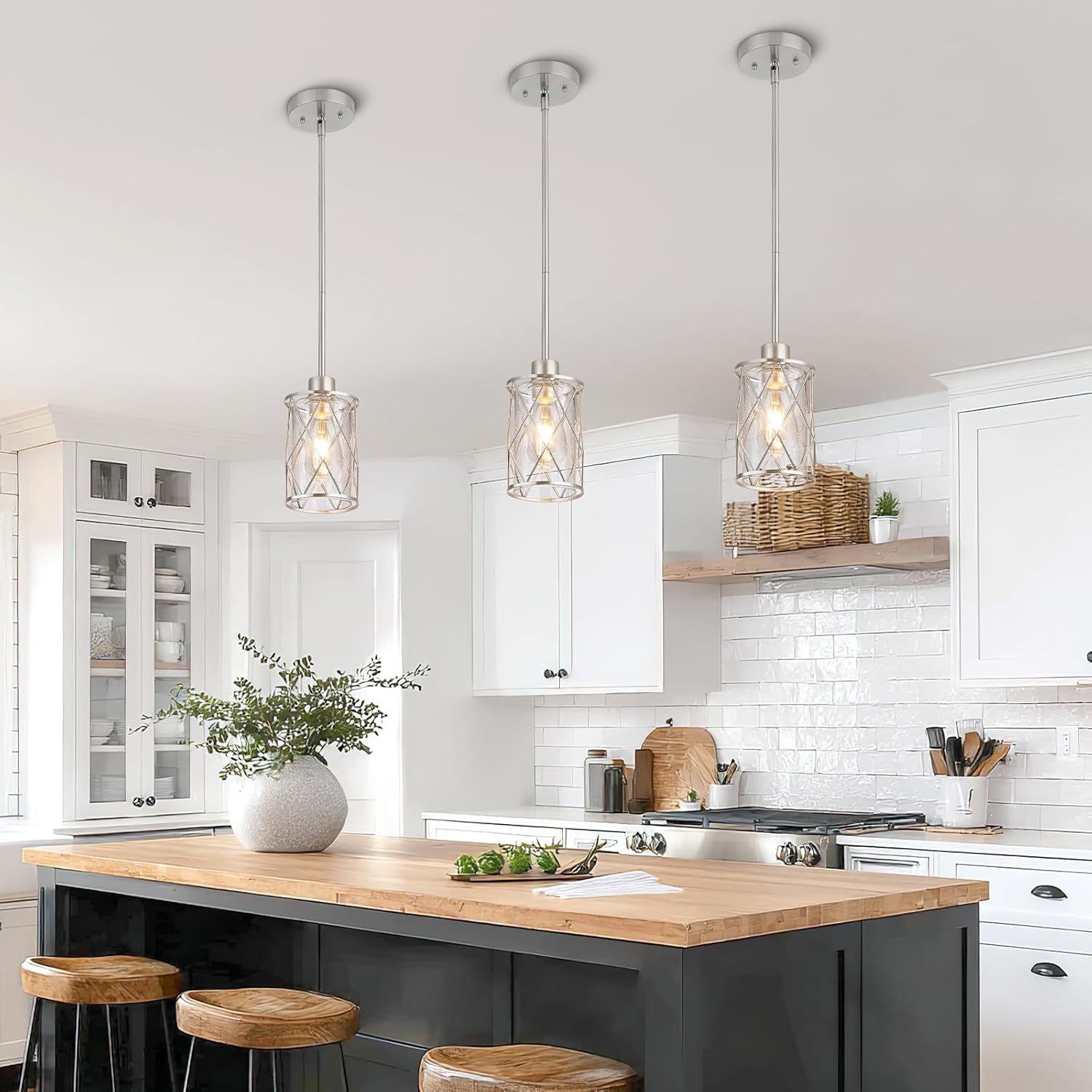 Refice Glass Pendant Lights Kitchen Island, Brushed Nickel Kitchen Hanging Light with Clear Glass, Farmhouse Cage Mini Pendant Lighting for Sink Dining Room Bedroom Bar, 2 Pack