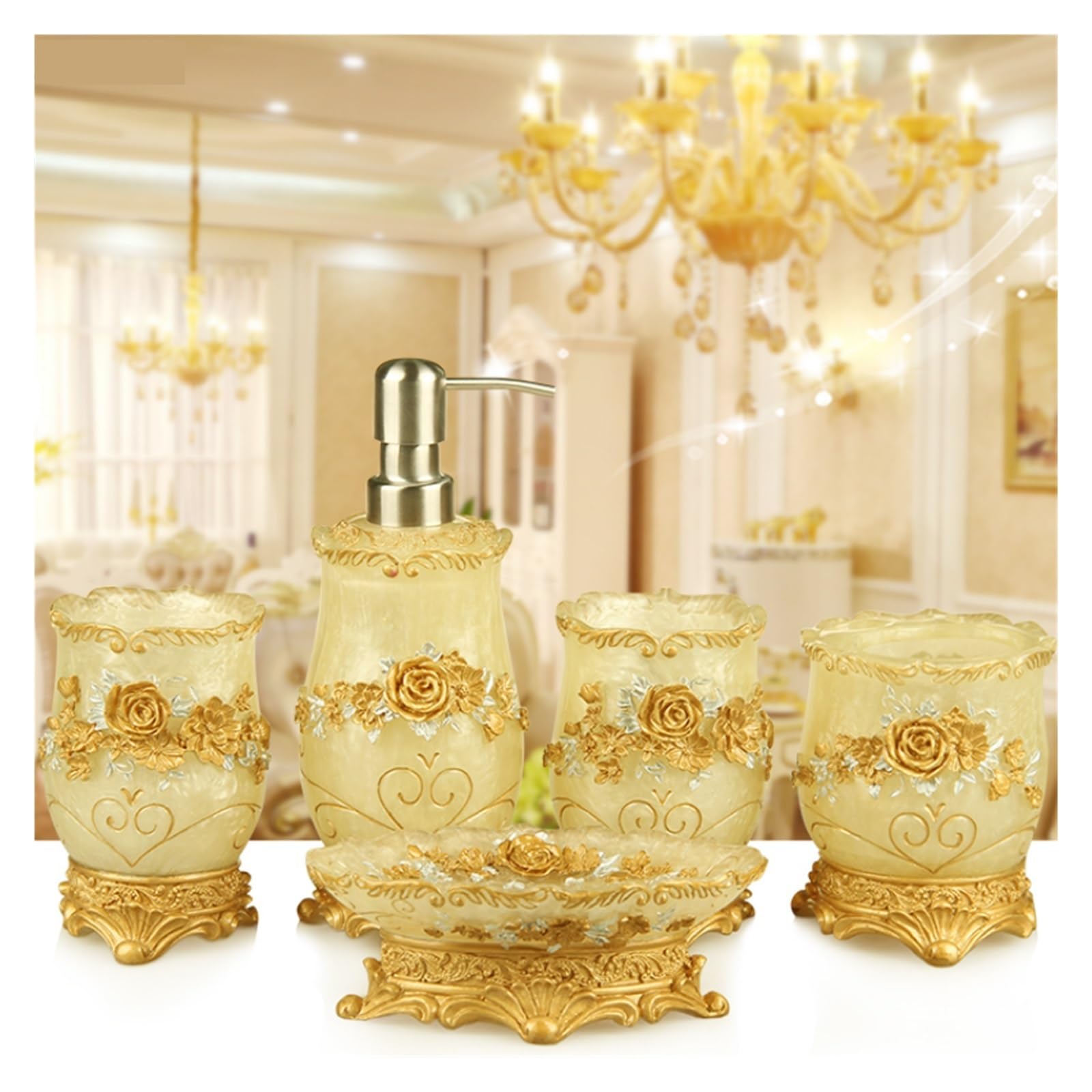 Set Dispensador Jabon Baño Juego de baño de resina for el hogar, dispensador de jabón, soporte for cepillo de dientes, taza, jabonera, bandeja, cepillo de baño, juego de almacenamiento de papelera(5pc