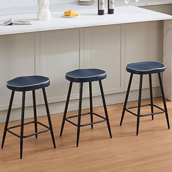 FIRAVOE Counter Stools Set of 3, Modern 24 inch Counter Height Stools, Faux Leather Backless Barstools for Kitchen Island Navy Blue, 3 PCS 24 Height