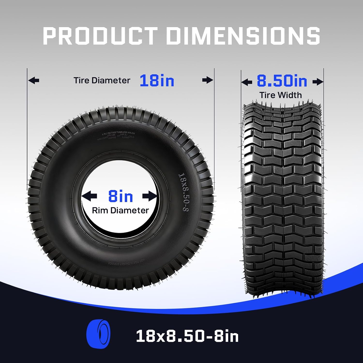 TRIBLE SIX 18x8.50-8 Lawn Mower Tire 4 Ply 18x8.50x8 Tubeless Tire Replacement for Garden Lawn Tractor Riding Lawn Mower, 2 Pack