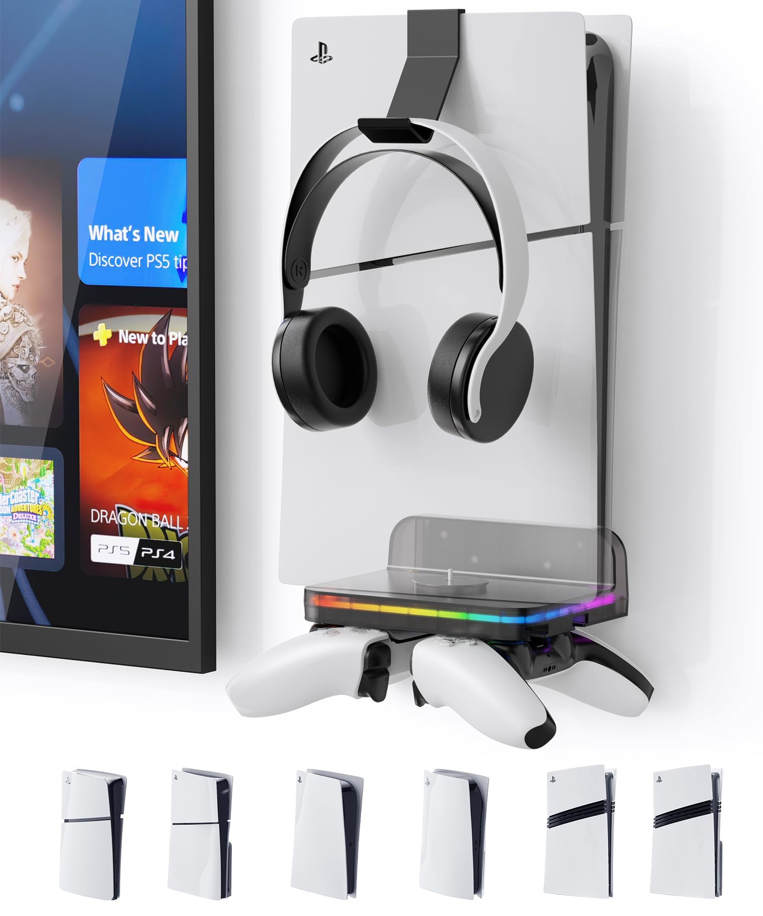 PS5 Wall Mount with RGB Light for All Models (Original/Slim/Pro), Includes Storage for 2 Controllers & Headphones - Universal PlayStation 5 Shelf Bracket with LED Lighting for Gaming Room Decor