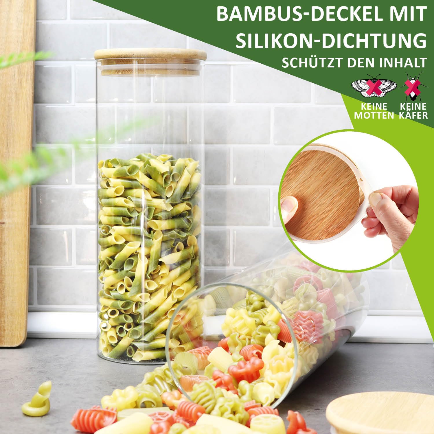 2x Barattoli con coperchio in bambù 1800ml - barattoli per alimenti in vetro borosilicato rinforzato - barattoli ermetici - barattolo rotondo riutilizzabile 1.8L (02 pezzi - 1800 ml)