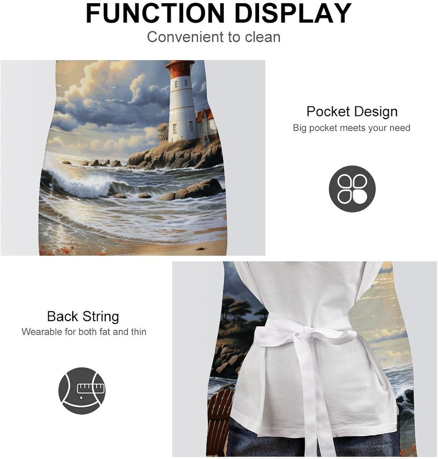 Sea Lighthouse Sandbeach Apron Adjustable Chef Apron with Pocket for Men Women Waterproof Bib Apron Durable Cooking Apron for BBQ Baking Kitchen Cooking Apron
