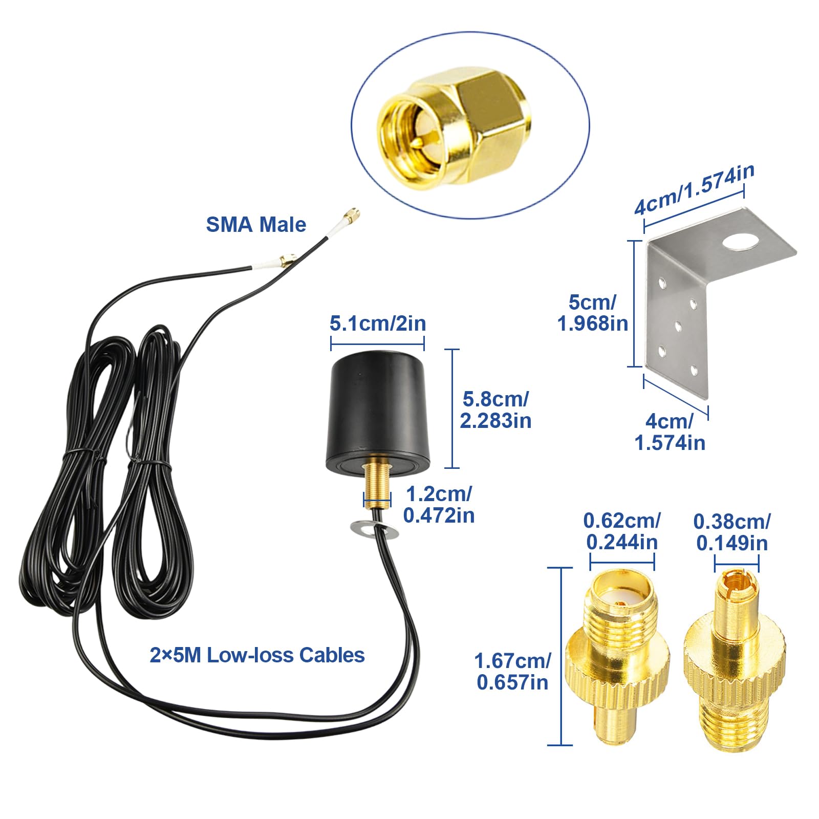Antenne MIMO 5G 4G LTE 600-6000 MHz Antenne 5 dBi Omnidirectionnelle Extérieure avec Câbles BMR200 SMA Mâle 5M et Adaptateurs TS9 pour Routeur Passerelle Modem WiFi IoT ISM