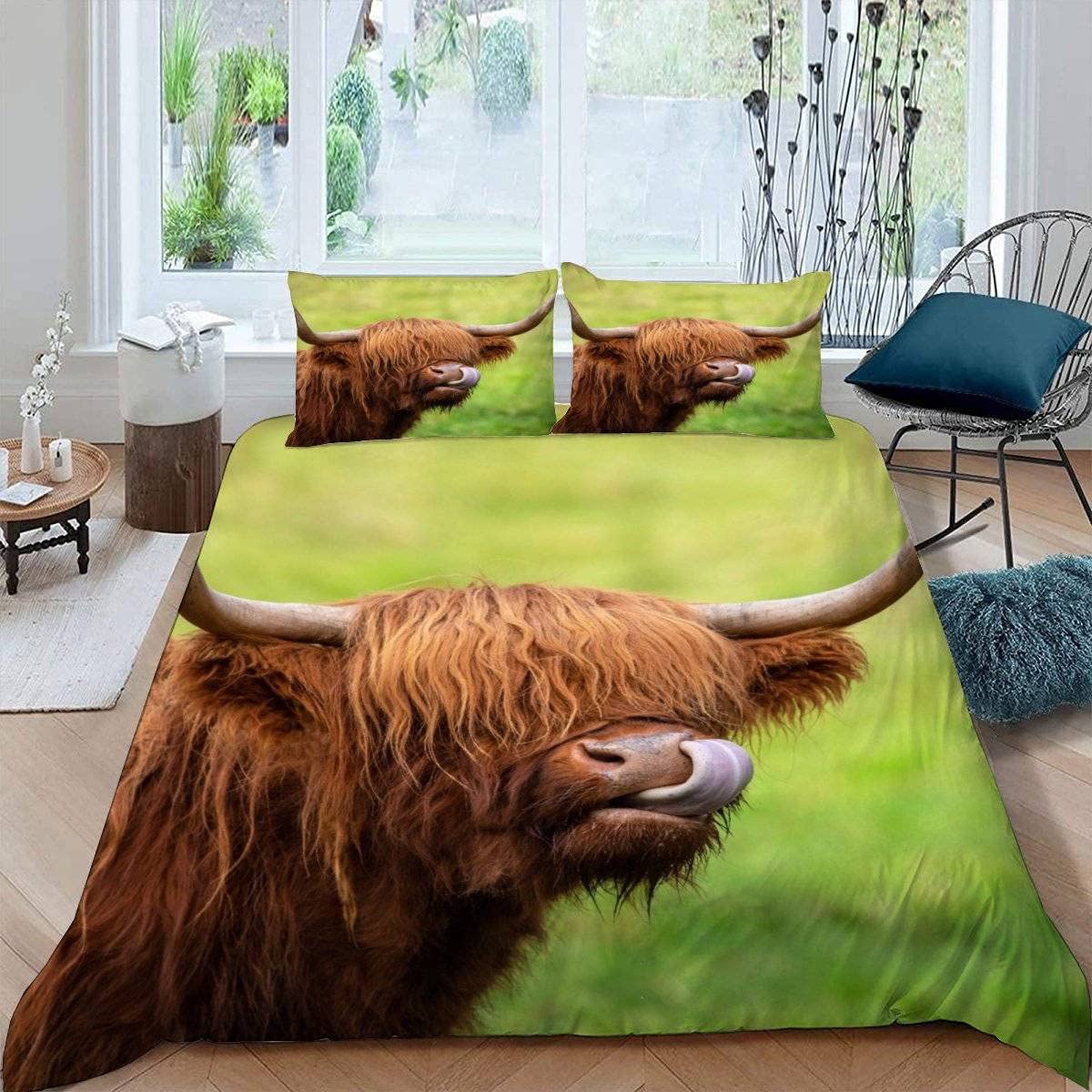 RFFLUX 3D Highland Cattle Single Duvet Cover Set 3 Pieces 135x200 Soft Microfiber Farm Animals Cow Quilt Cover with Zipper Closure Easy Care Bedding Set with 2 Pillowcase for Kids Boys Girls Teens — image 1