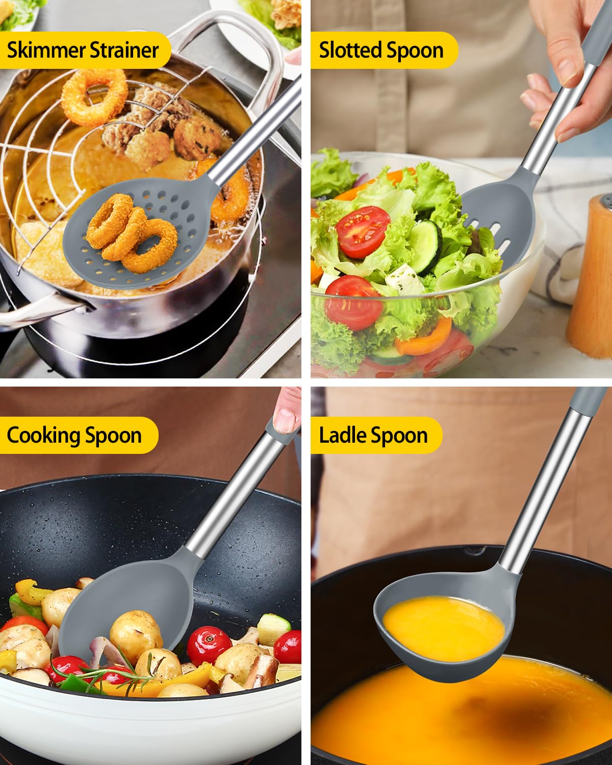 Set di 8 utensili da cucina in silicone, antiaderenti, con manico in acciaio inossidabile, senza BPA, resistenti al calore, con spatole, tornitori, cucchiai, schiumarola e forchetta per pasta (grigio)