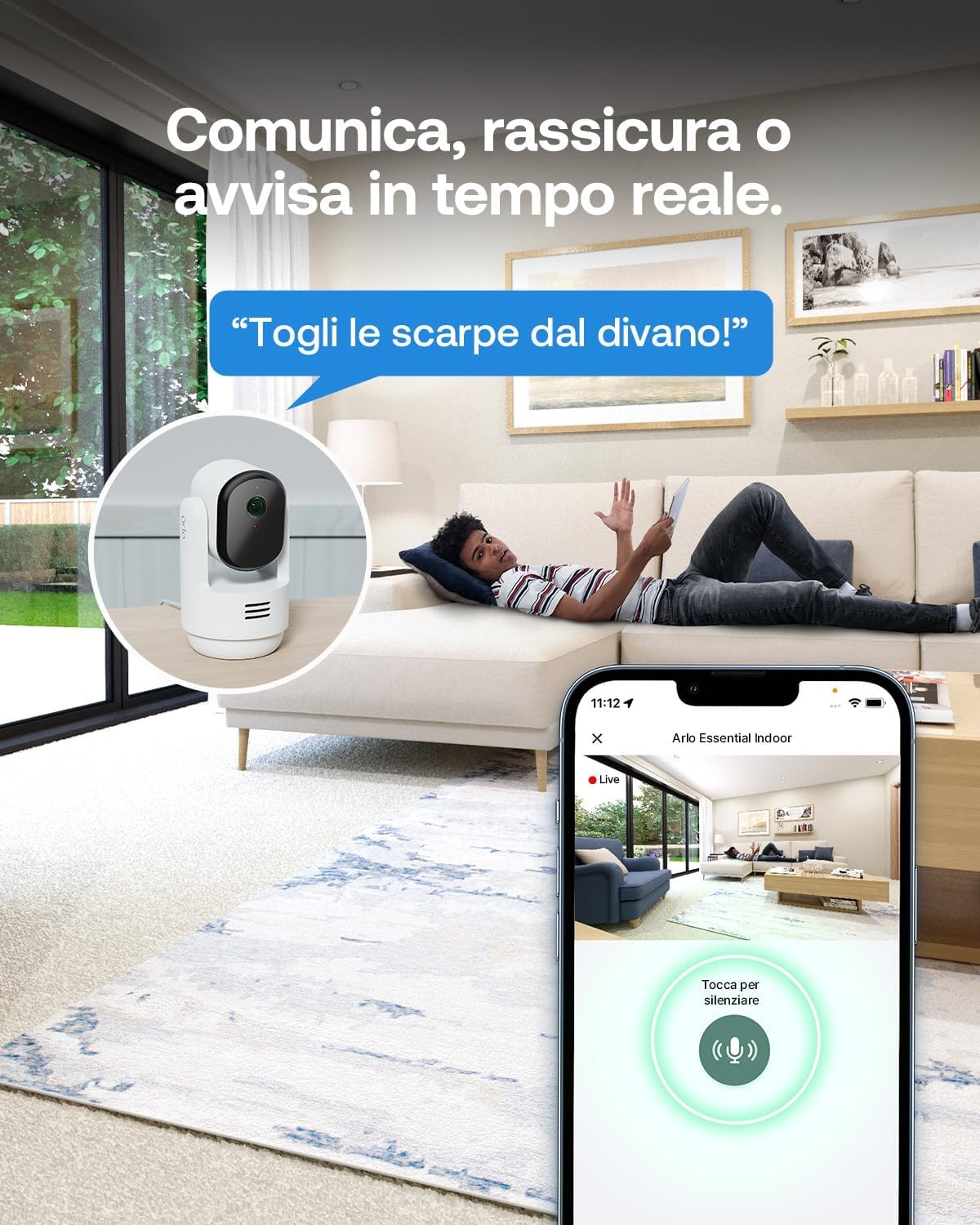 Arlo Essential 3 Indoor 2K PTZ, Telecamera di Sorveglianza WiFi Interno 2K, Rilevamento di AI, Visione Notturna, Audio Bidirezionale, 1 Telecamera, Bianca