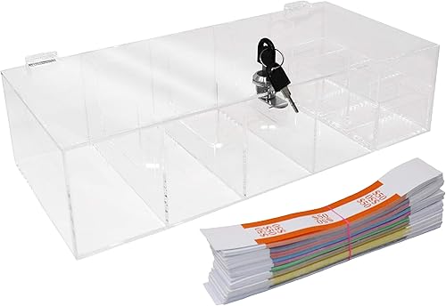 Vista 6 de Bandeja de moneda con bloqueo transparente, organizador de efectivo de 5 compartimentos, caja de almacenamiento de dinero con cubierta bloqueable e