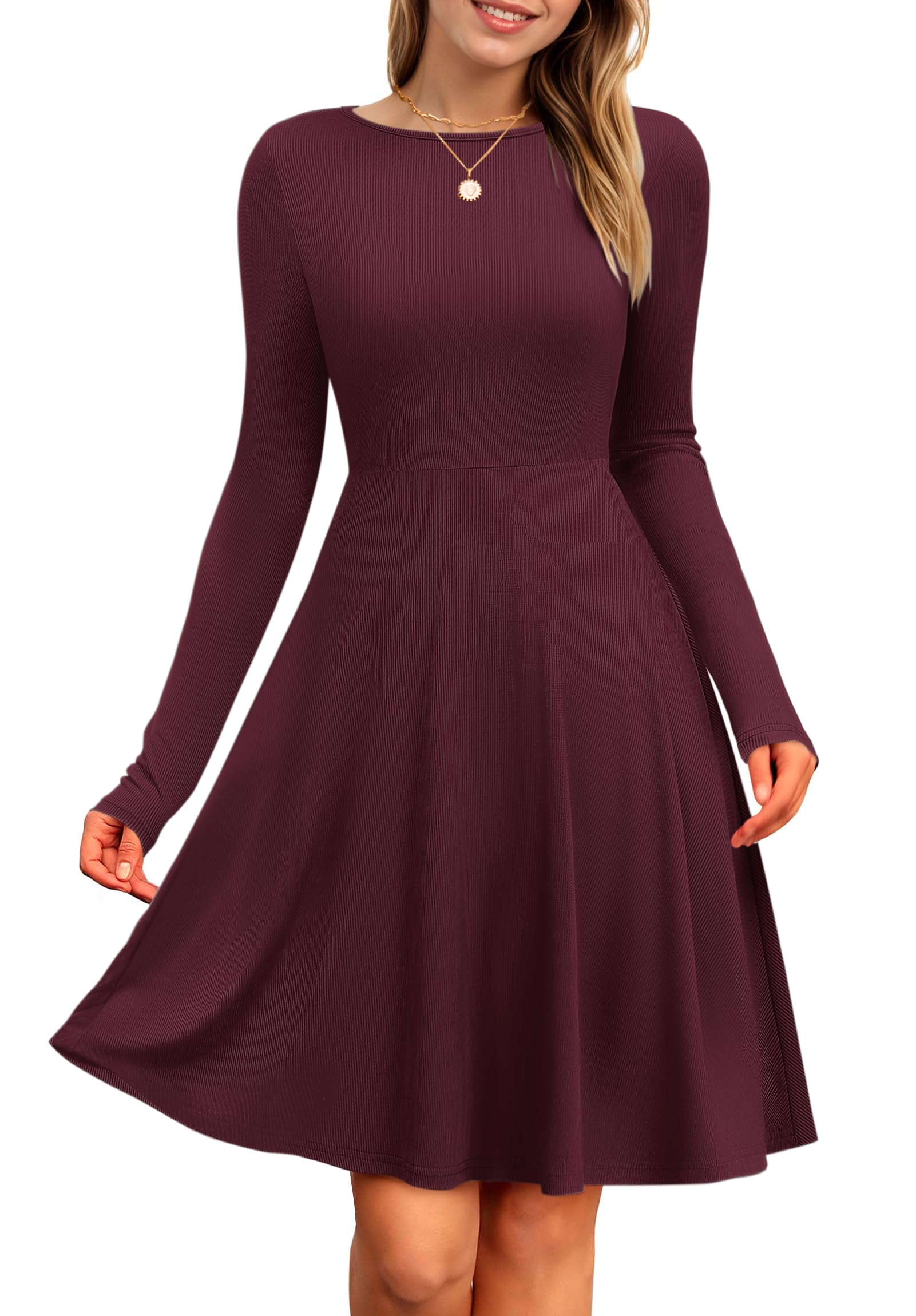 PLOKNRD Damen Strickkleid Herbst Langarm Kleider Elegant A-Linie Rundhalsausschnitt Freizeitkleid Winterkleid