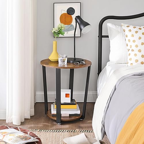 Miniatura 4 de VASAGLE - Mesa auxiliar redonda de 2 niveles con estante de almacenamiento; mesita de noche acentuada para espacios pequeños, sala de estar, Marrón