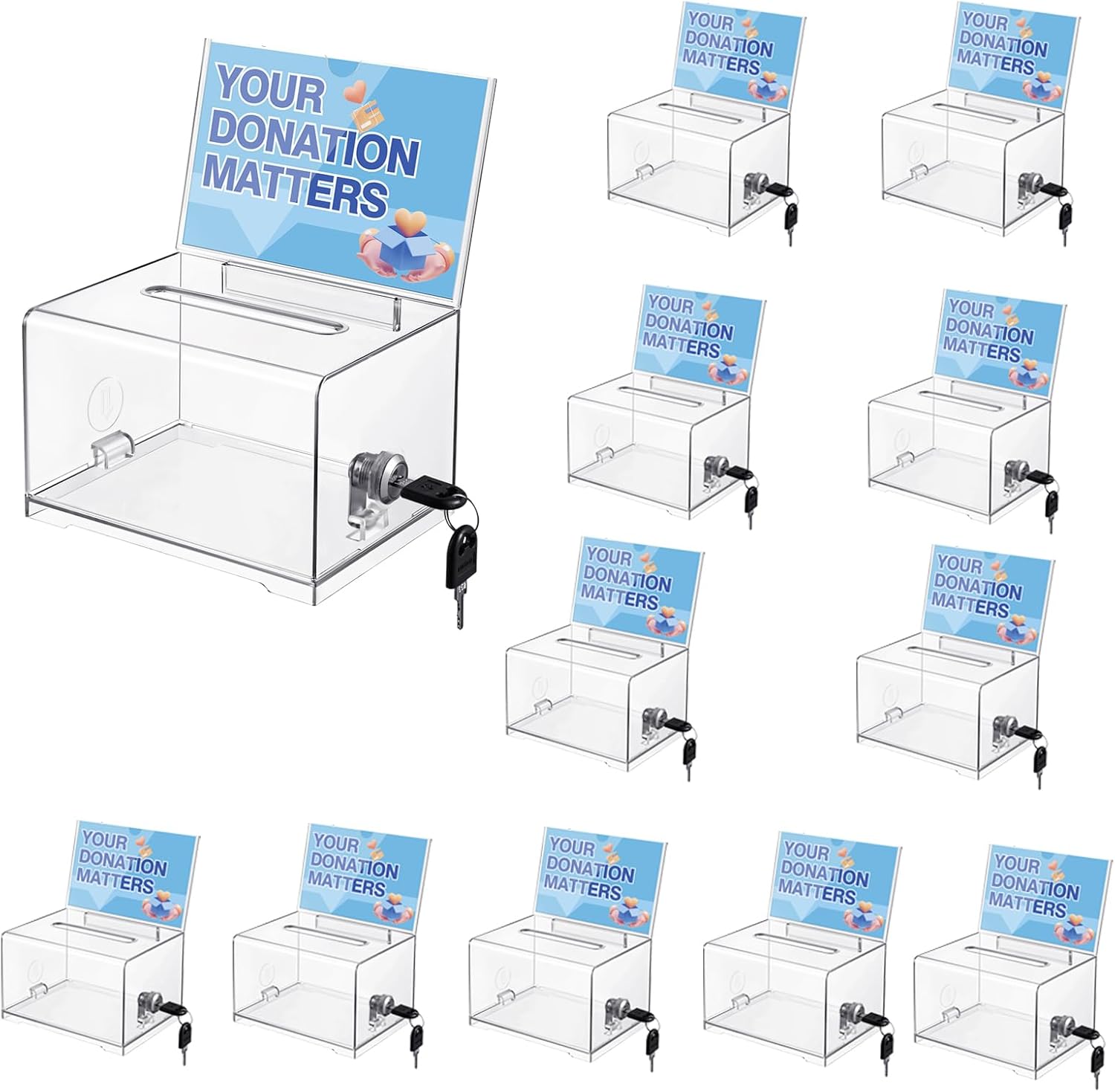 Polmart Tip Box/Suggestion/Business Card Collection Box with Lock (Built-in Sign Holder, Clear Color), 12-Pack