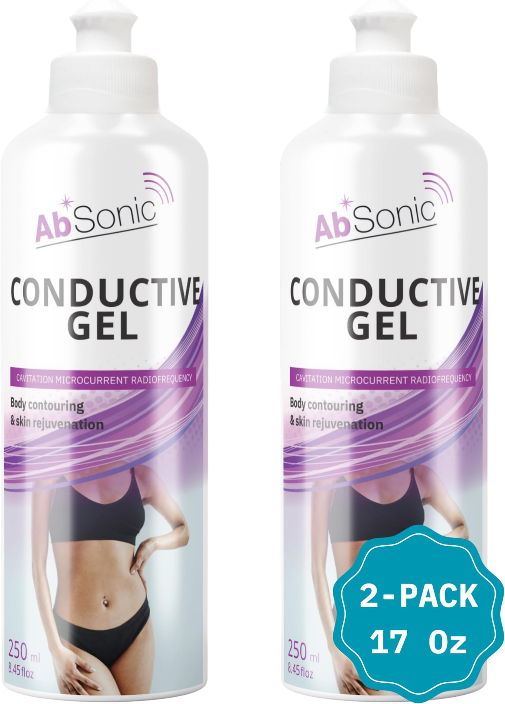 Absonic - Conductive Gel for Cavitation, Microcurrent, Radiofrequency, TENS, EMS, Muscle Stimulation, NuFace, Facial Devices, Body Sculpting & Skin Rejuvenation - 2x8.5 oz - Paraben-free