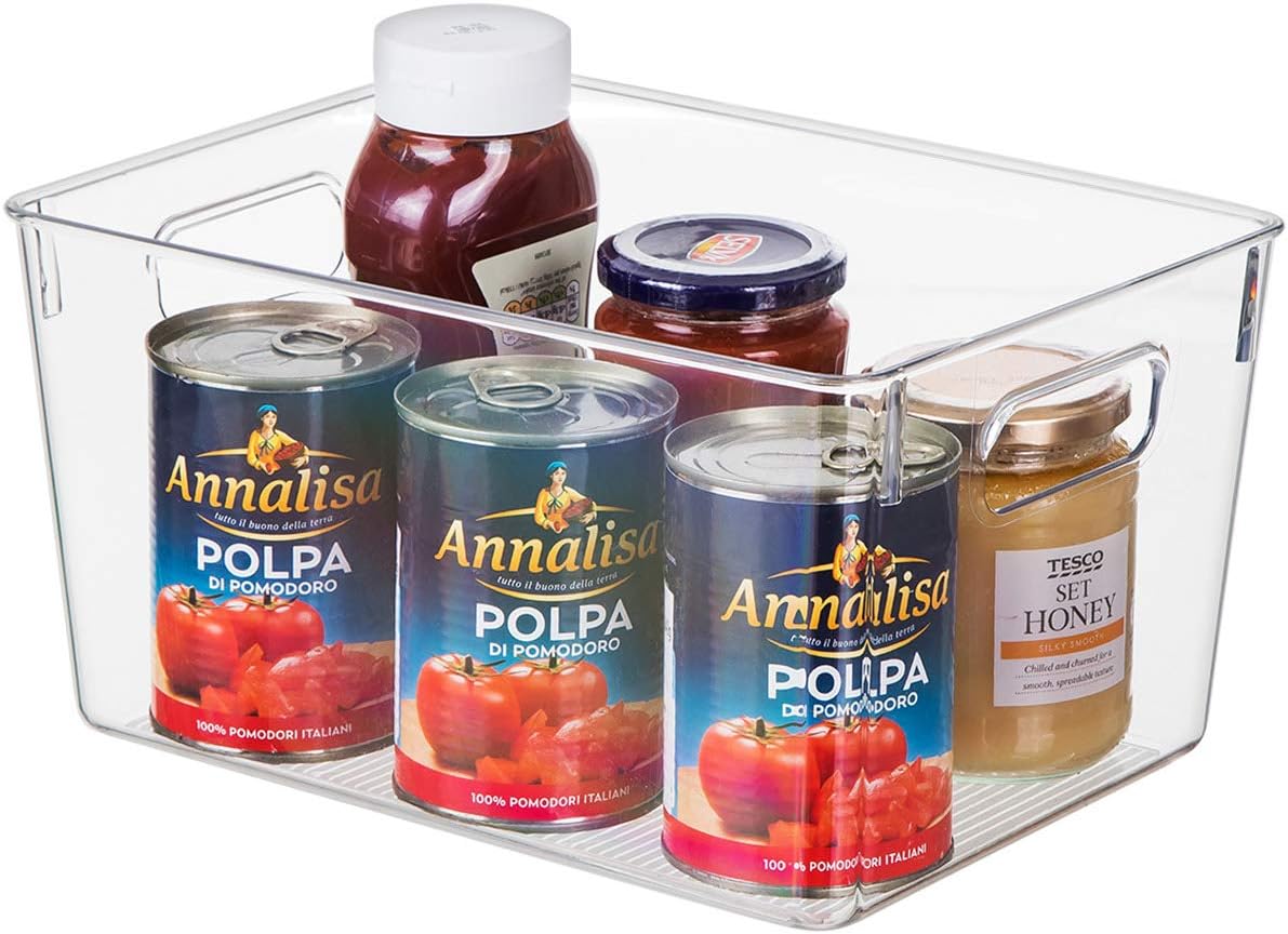 EAMAOTT Clear Plastic Storage Organizer Container Bins with Cutout Handles, Transparent Set of 4, BPA Free, Cabinet Storage Bins for Kitchen Food Pantry Refrigerator Bathroom, 11” x 8” x 6”