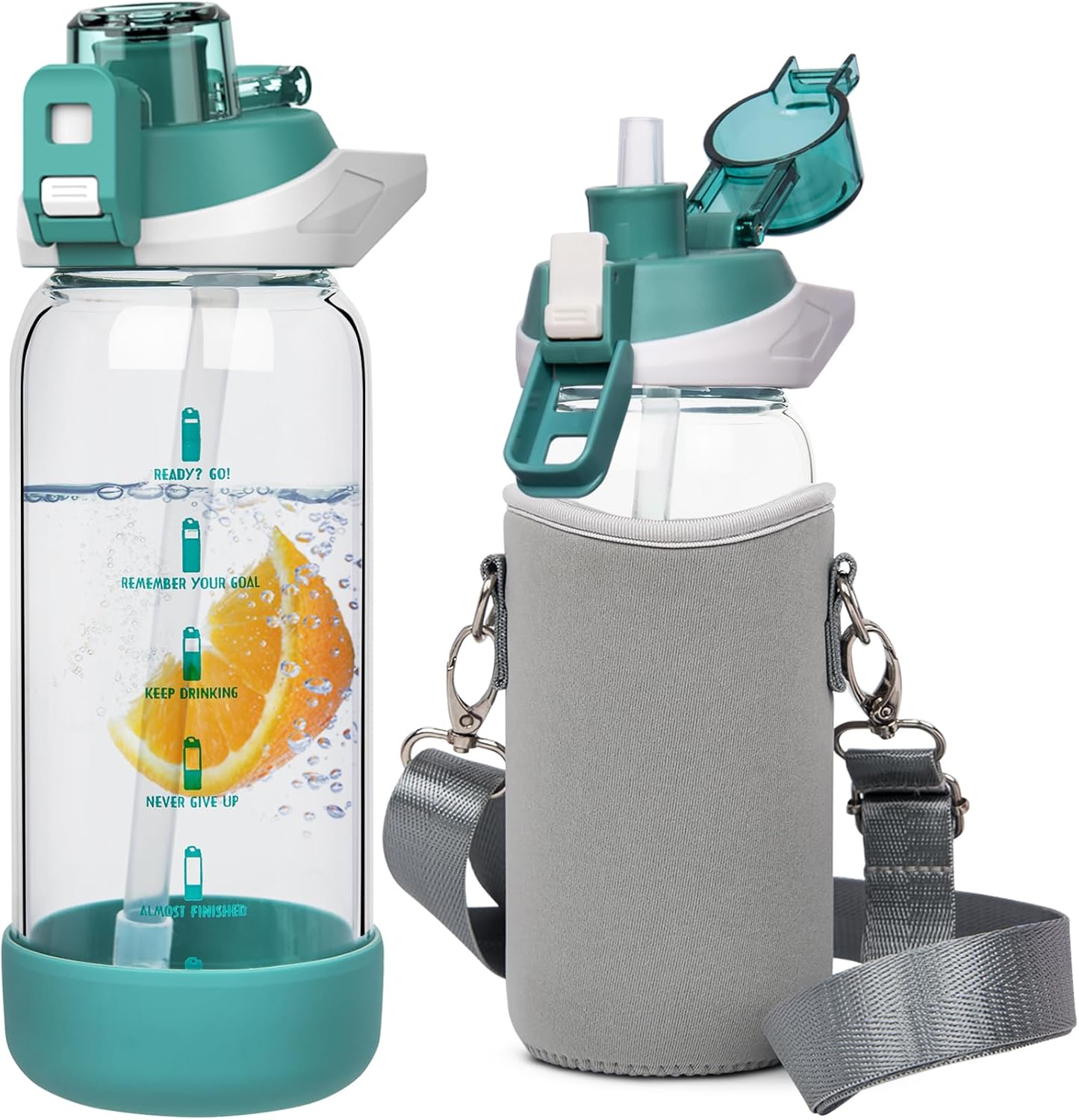 Seekua 20 oz Sports Glass Water Bottle with Straw & Time Marker, Motivational Kids Daily Glass Drinking Bottle with Strap for Children, School