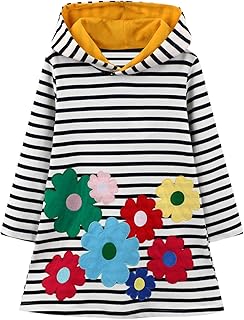 Niñas Sudadera con Capucha Algodón Vestidos Mangas Largas Raya Flor Aplique Pullover Tops Túnica Suéter Casual Primavera Otoño Invierno Hoodie Ropa para Niña 2 3 4 5 6 7 años