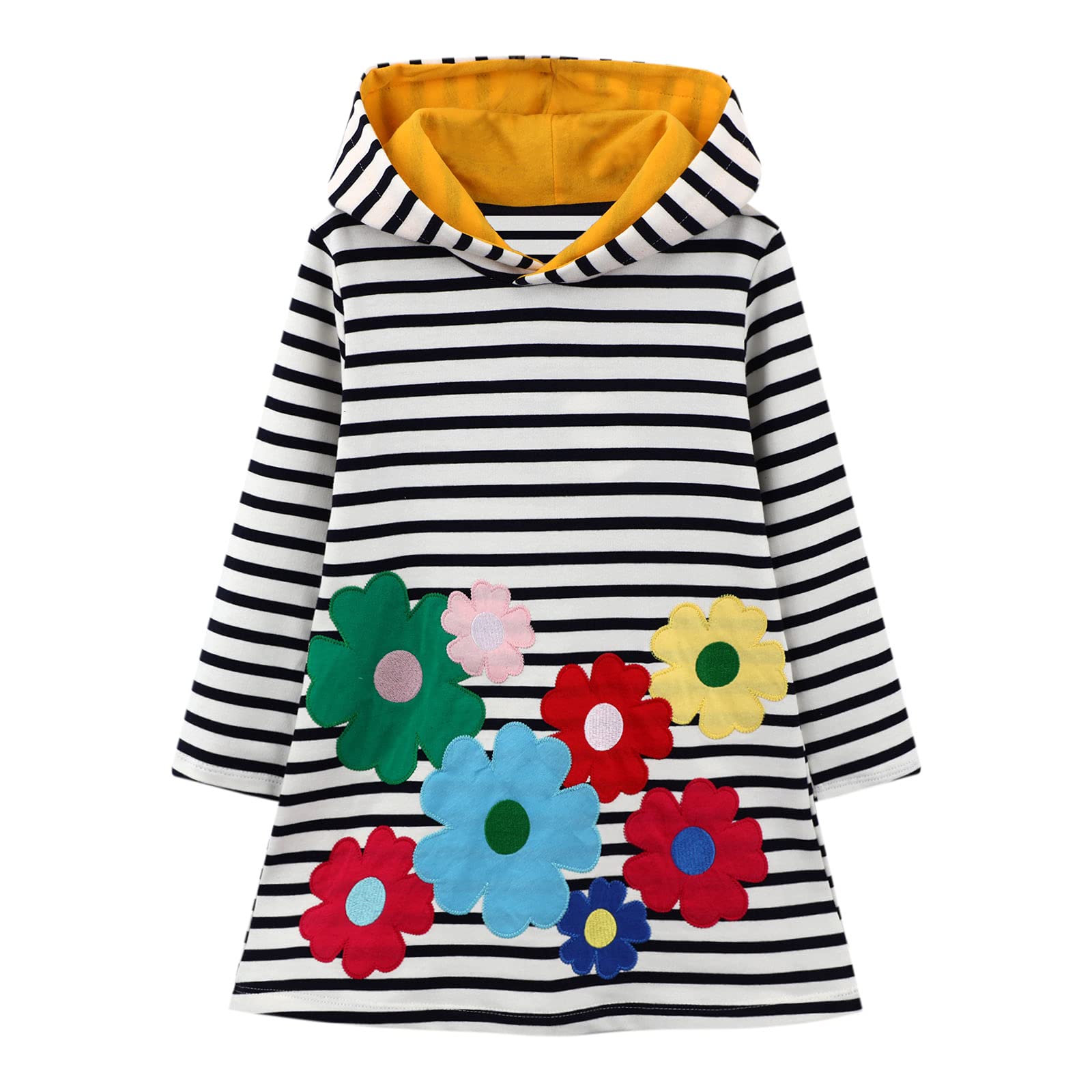 Baogaier Niñas Sudadera con Capucha Algodón Vestidos Mangas Largas Raya Flor Aplique Pullover Tops Túnica Suéter Casual Primavera Otoño Invierno Hoodie Ropa para Niña 2 3 4 5 6 7 años