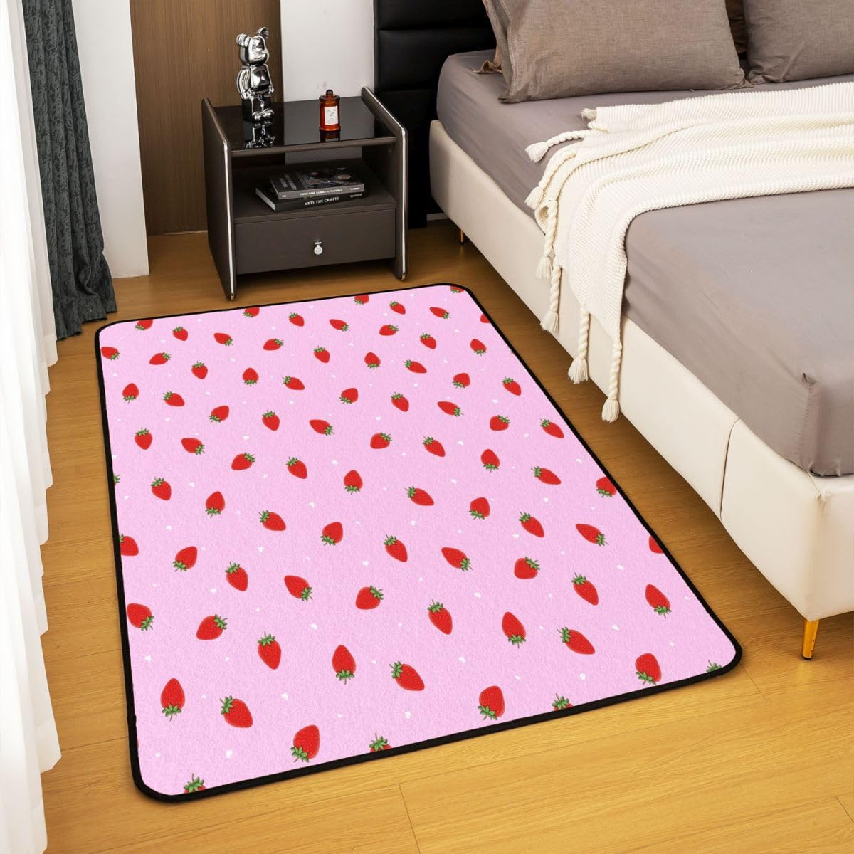 Strawberry Area Rug 4x5 for Kids Girls, Tropical Fruit Non Shedding Rug, Kawaii Non Slip Carpet, Strawberry Decorative Rug Cute Cartoon Fruits Decor for Living Room Bedroom Playroom, Pink