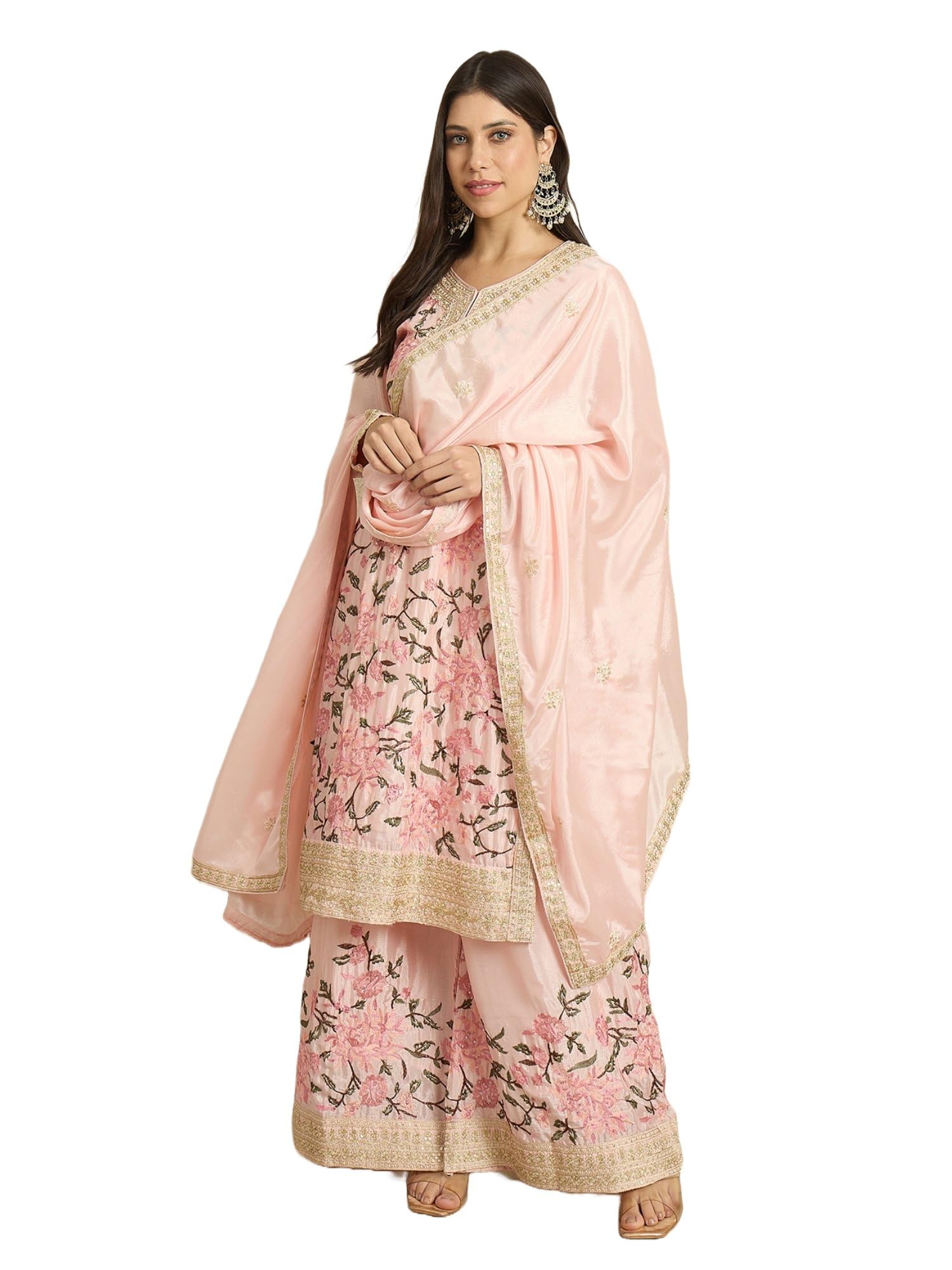 miss ethnik Women's Light Pink Chinon Stitched Top with Bottom and Dupatta Full Sleeve Embroidered Kurta Palazzo Set (MEY-1264-Light Pink)-picture-30
